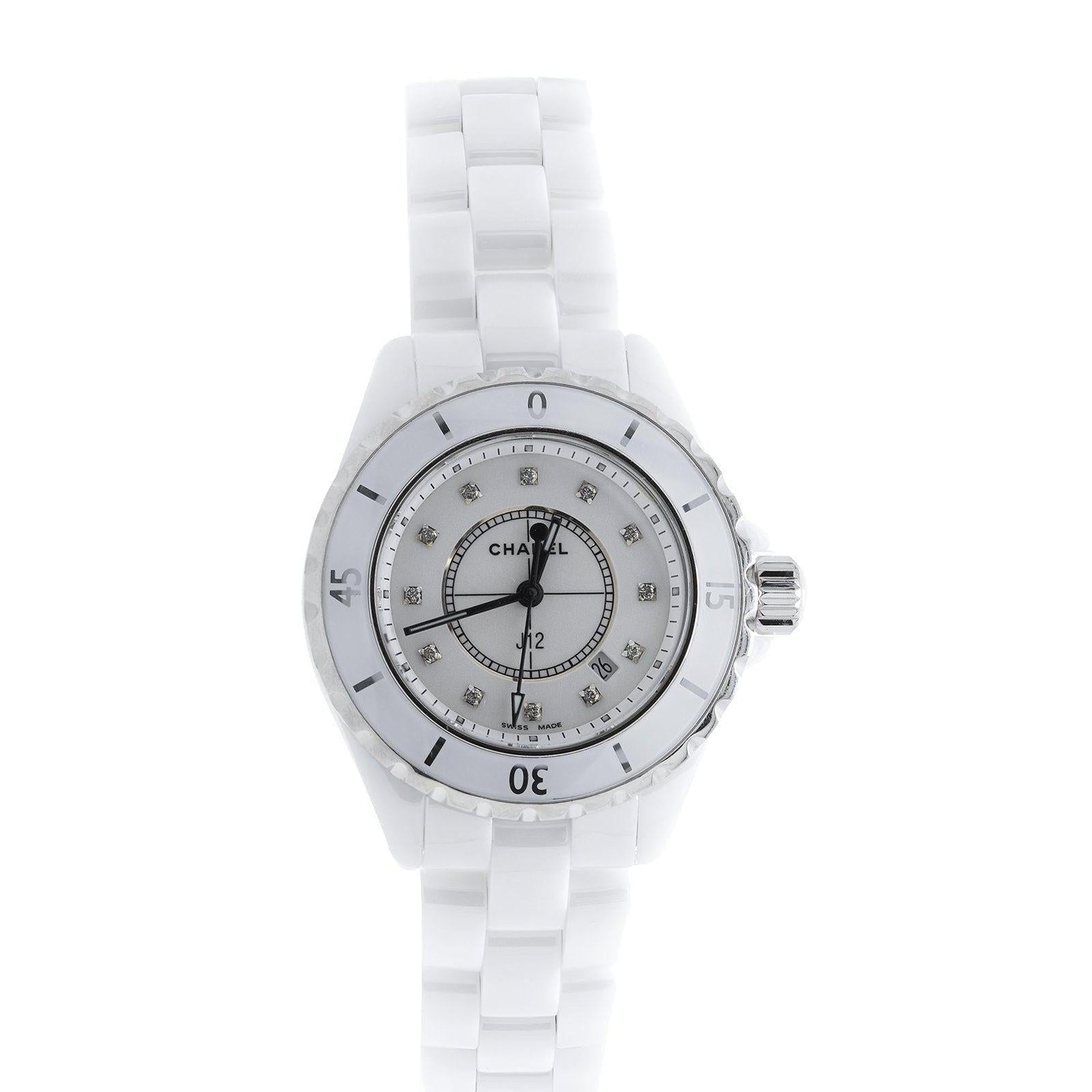 Chanel White Ceramic J12 Watch w/ Diamond Dial