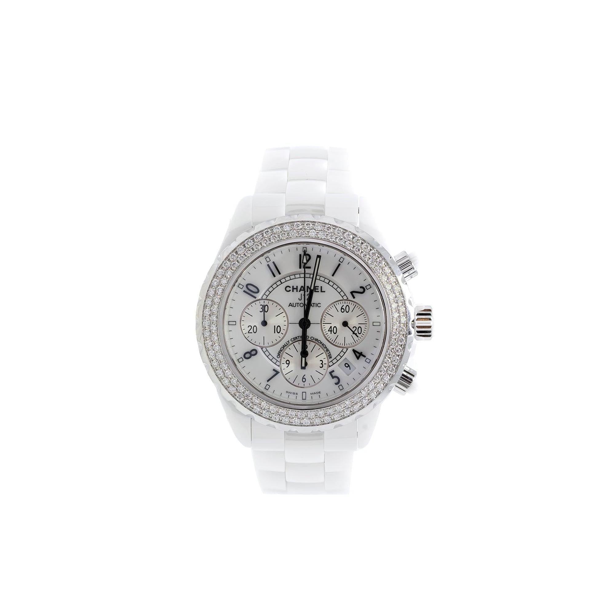 Chanel White Ceramic J12 Watch with Diamond Bezel