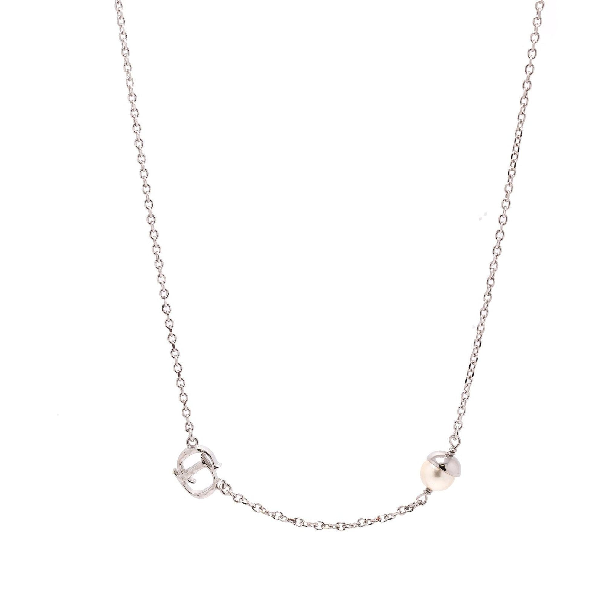 Christian Dior Petite CD Logo & Faux Pearl Necklace w/ Box