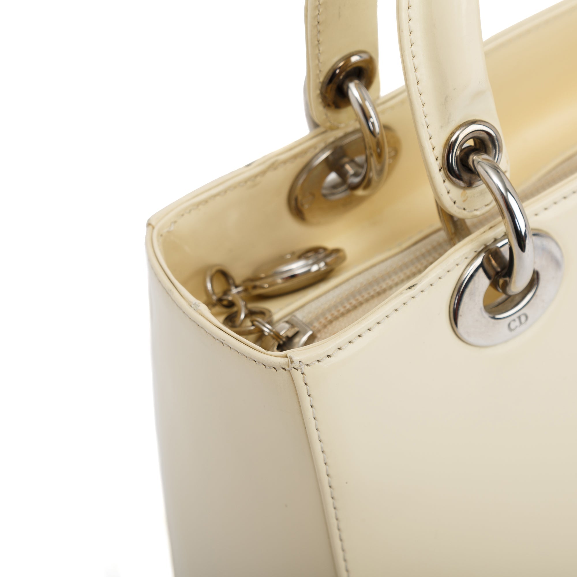 Christian Dior Vintage White Patent Leather Medium Lady Dior Bag w/ Strap