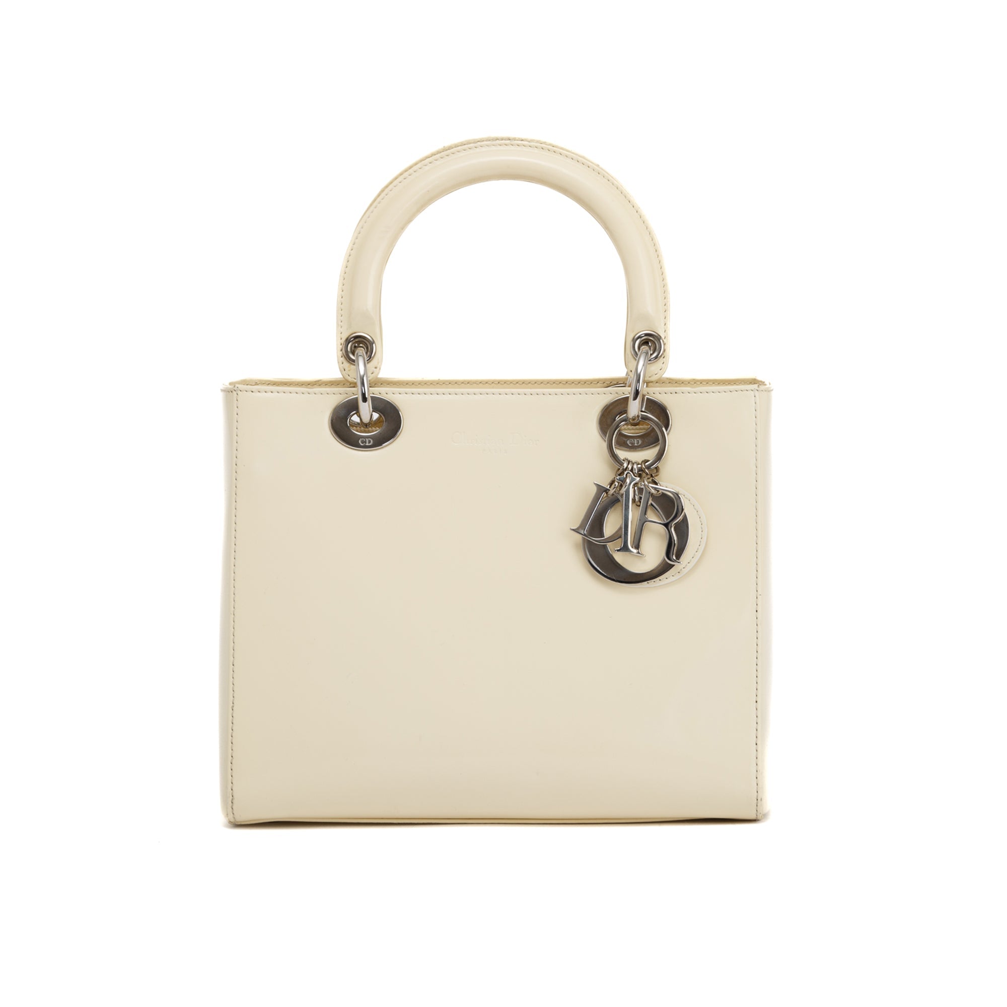 Christian Dior Vintage White Patent Leather Medium Lady Dior Bag w/ Strap