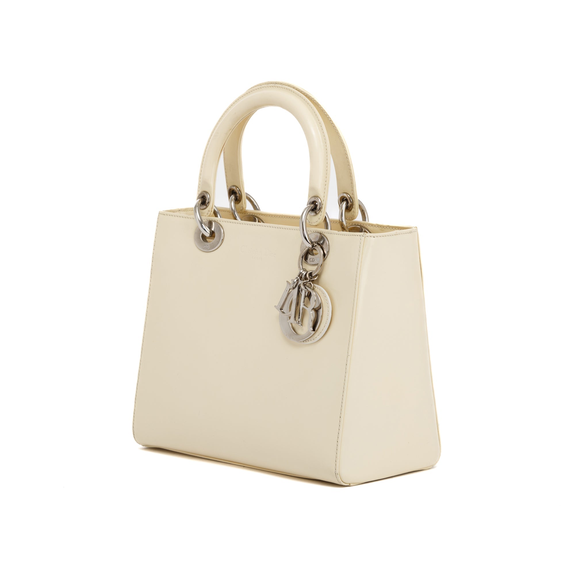 Christian Dior Vintage White Patent Leather Medium Lady Dior Bag w/ Strap