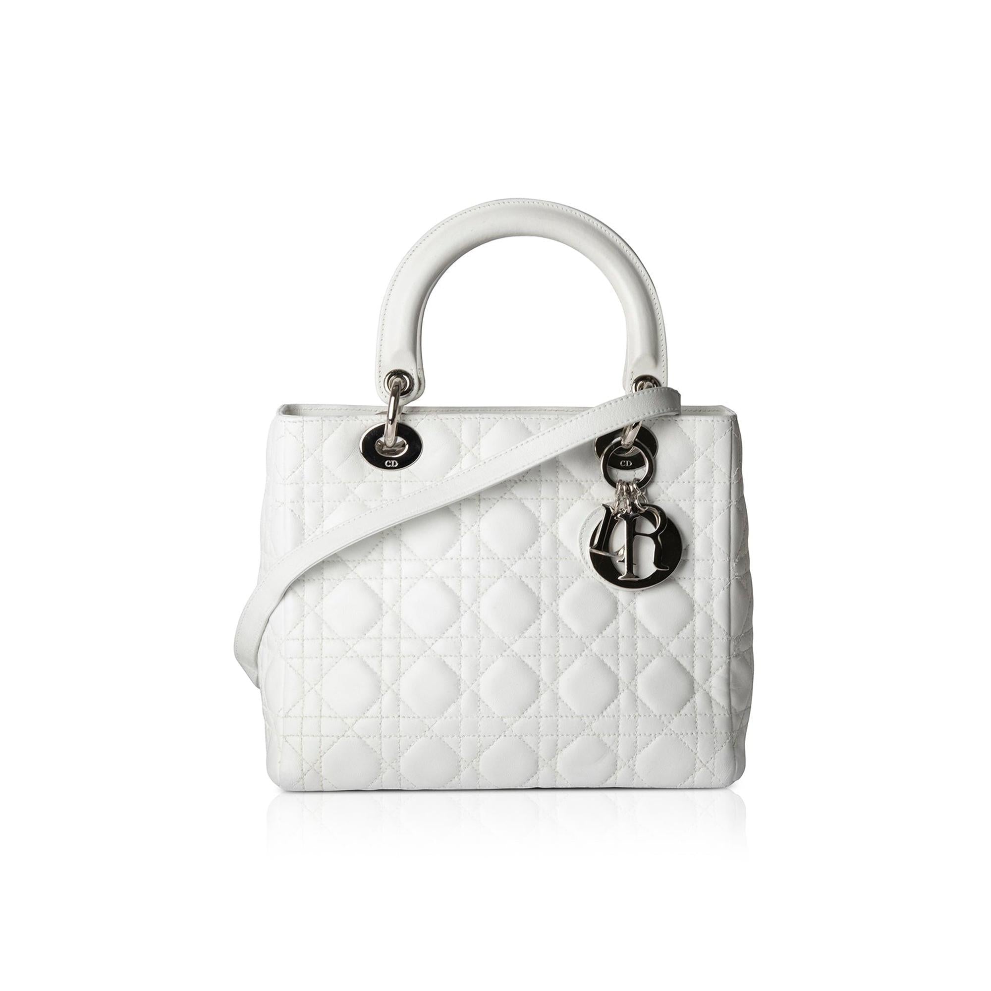 Christian Dior White Medium Lady Dior Bag w/ Shoulder Strap