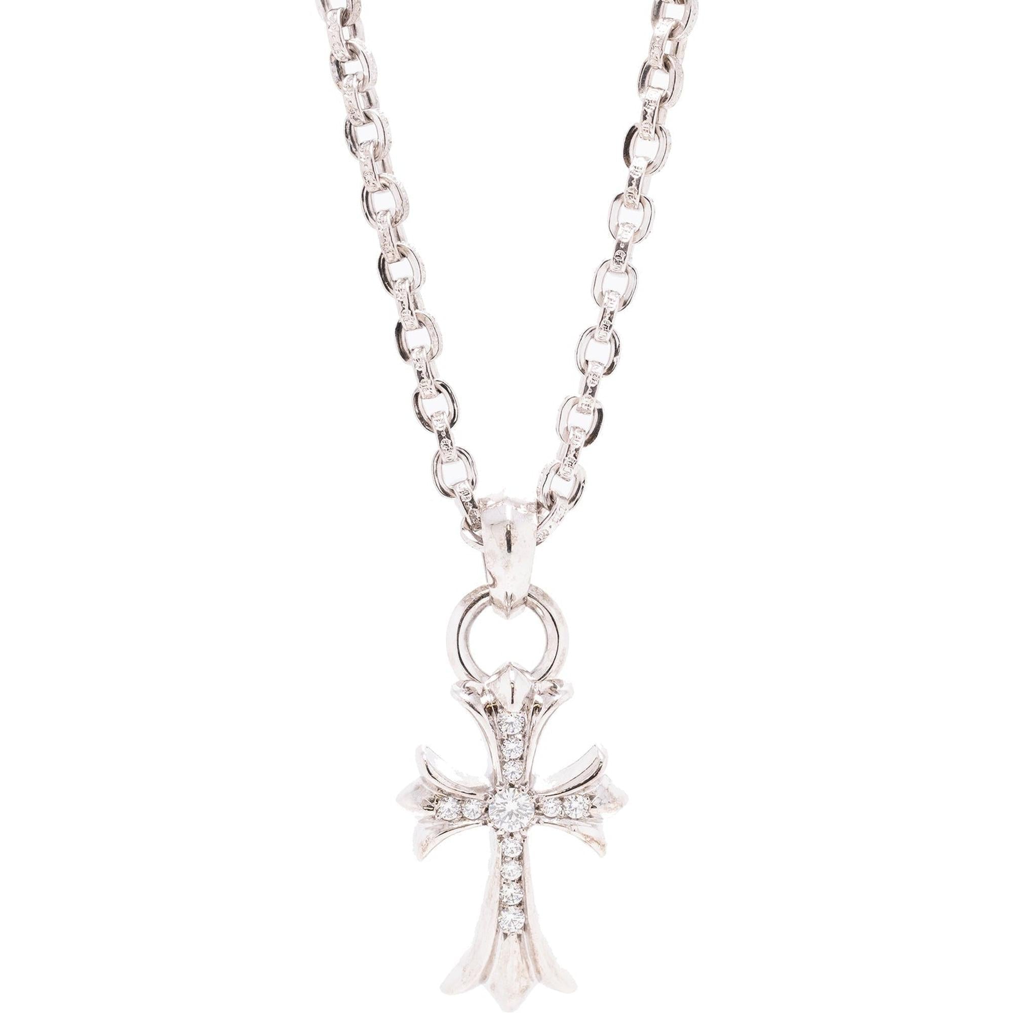 Chrome Hearts Vintage 18k White Gold Diamond Cross Pendant Necklace