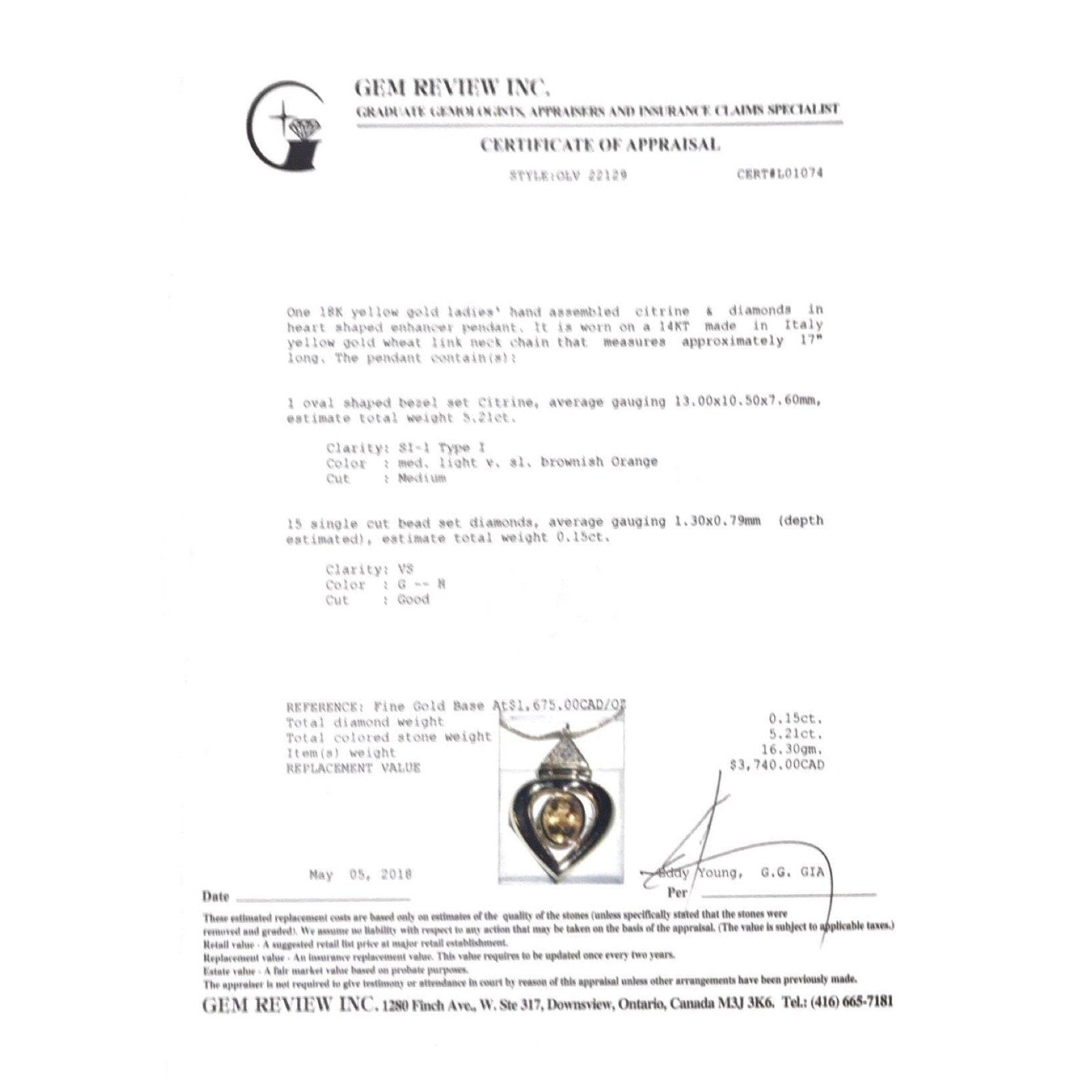 Citrine and Diamond Heart Pendant Necklace