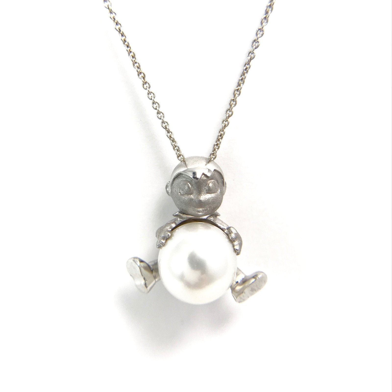 Custom Made Boy Design Solitaire Cultured Pearl Pendant in 18 Karat White Gold