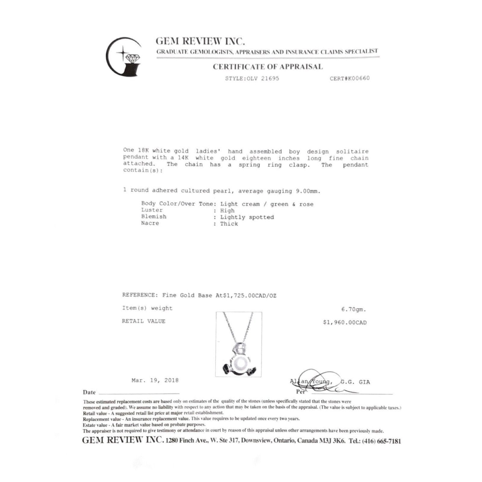 Custom Made Boy Design Solitaire Cultured Pearl Pendant in 18 Karat White Gold