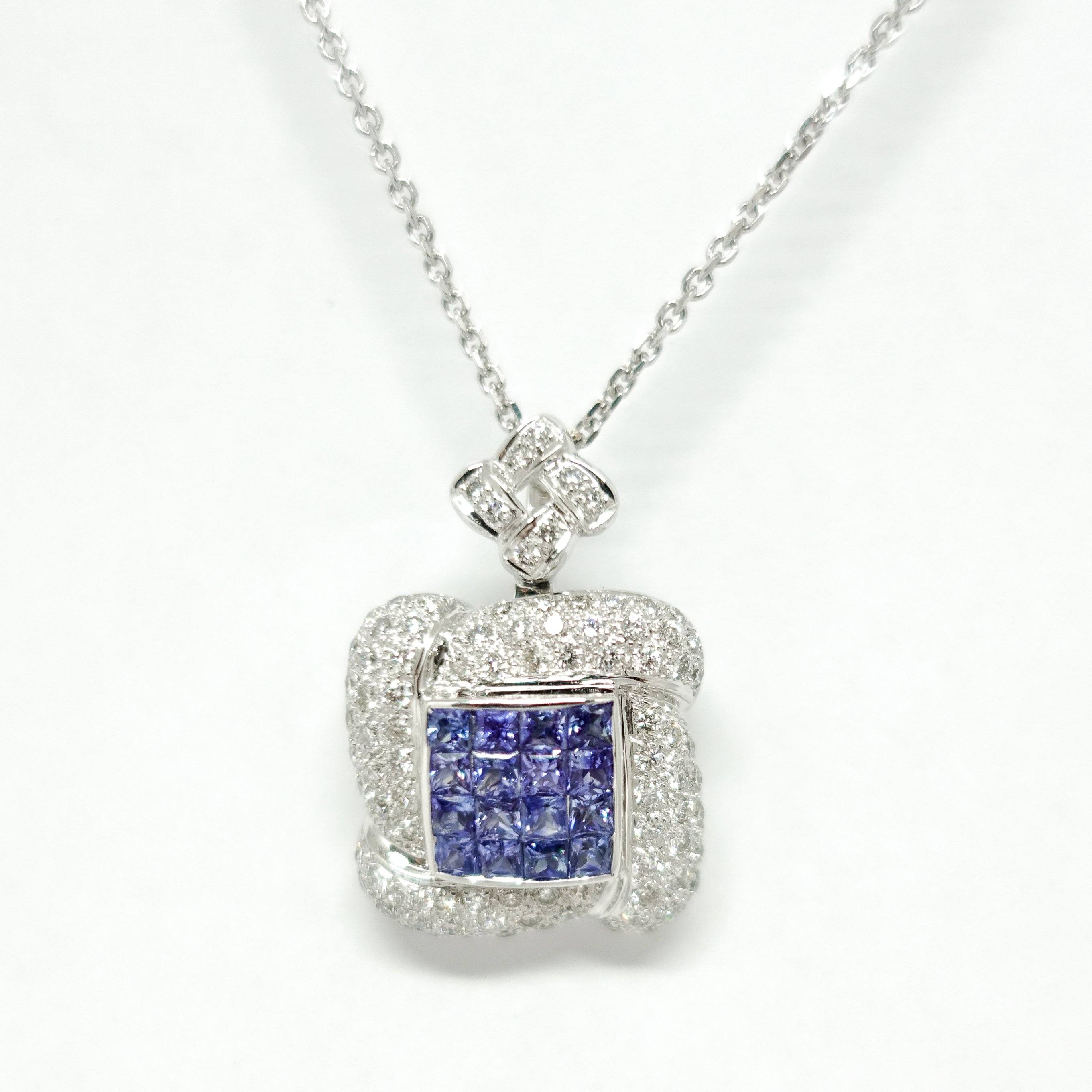 Custom Made Diamond and Sapphire Pendant in 18 Karat White Gold