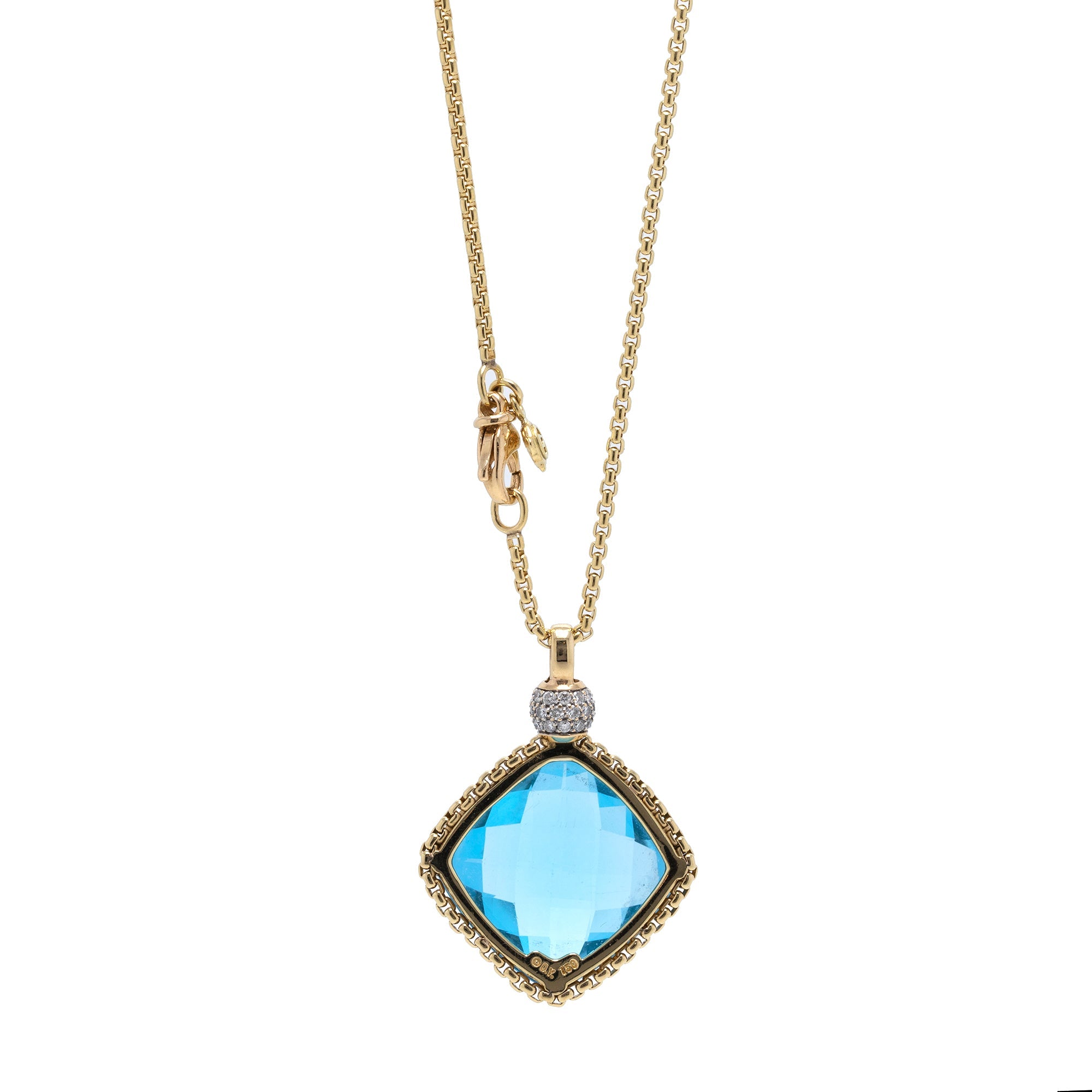 David Yurman 18k Gold Cushion On Point Pendant Necklace with Blue Topaz & Diamonds