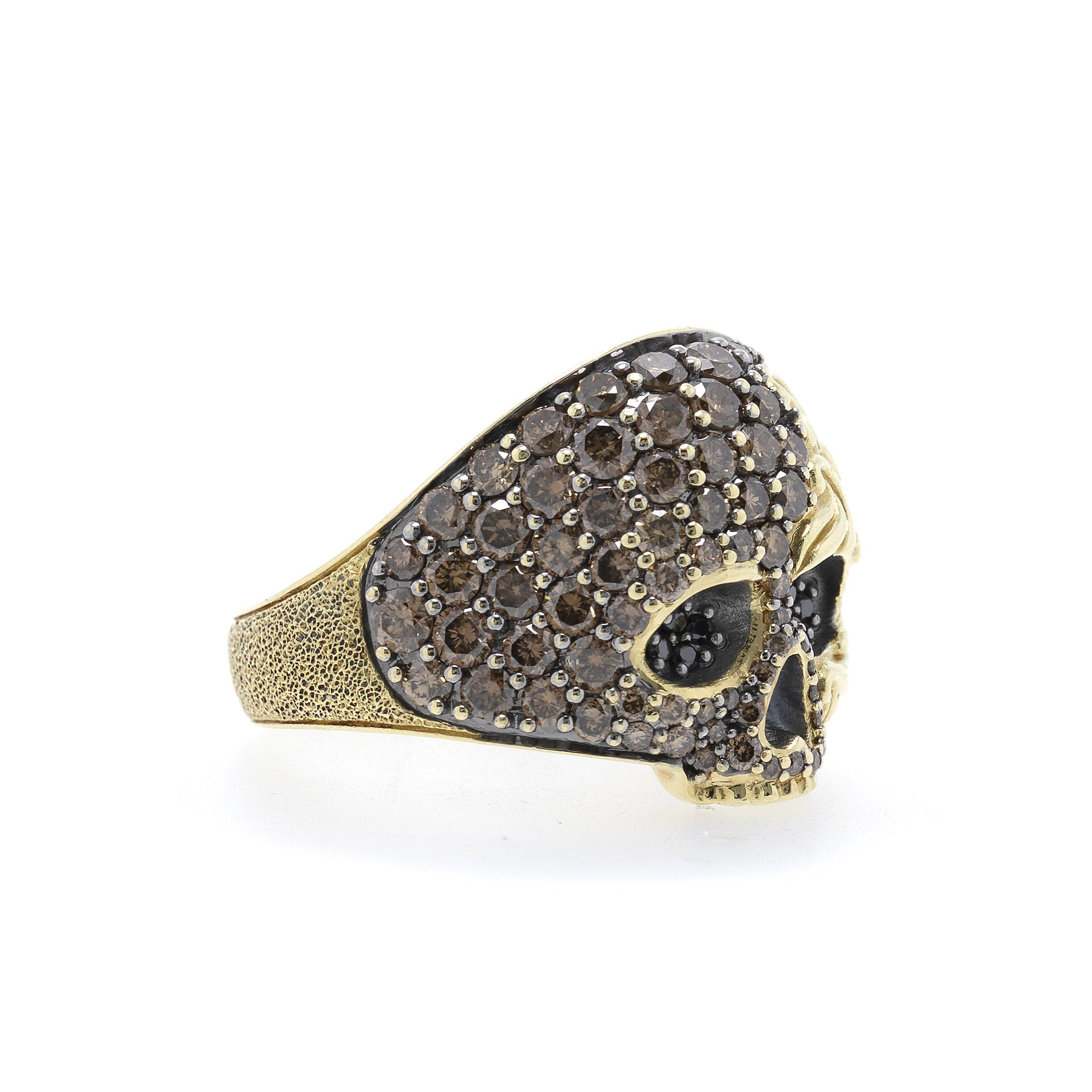 David Yurman 18k Gold Waves Skull Ring w/ Pave Cognac and Black Diamonds