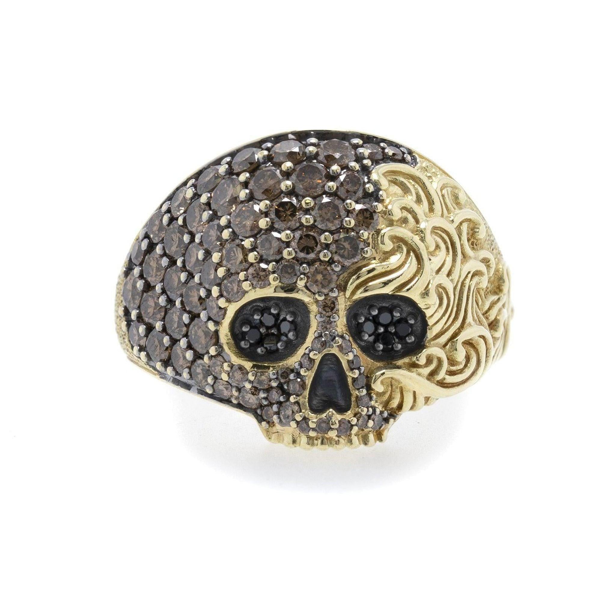 David Yurman 18k Gold Waves Skull Ring w/ Pave Cognac and Black Diamonds