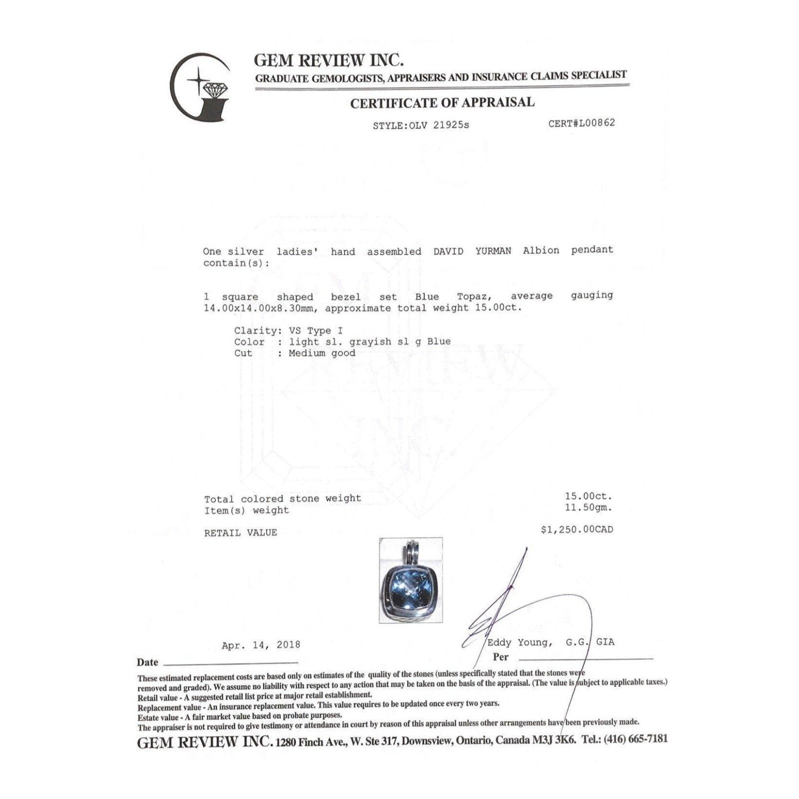 David Yurman Albion Blue Topaz Pendant