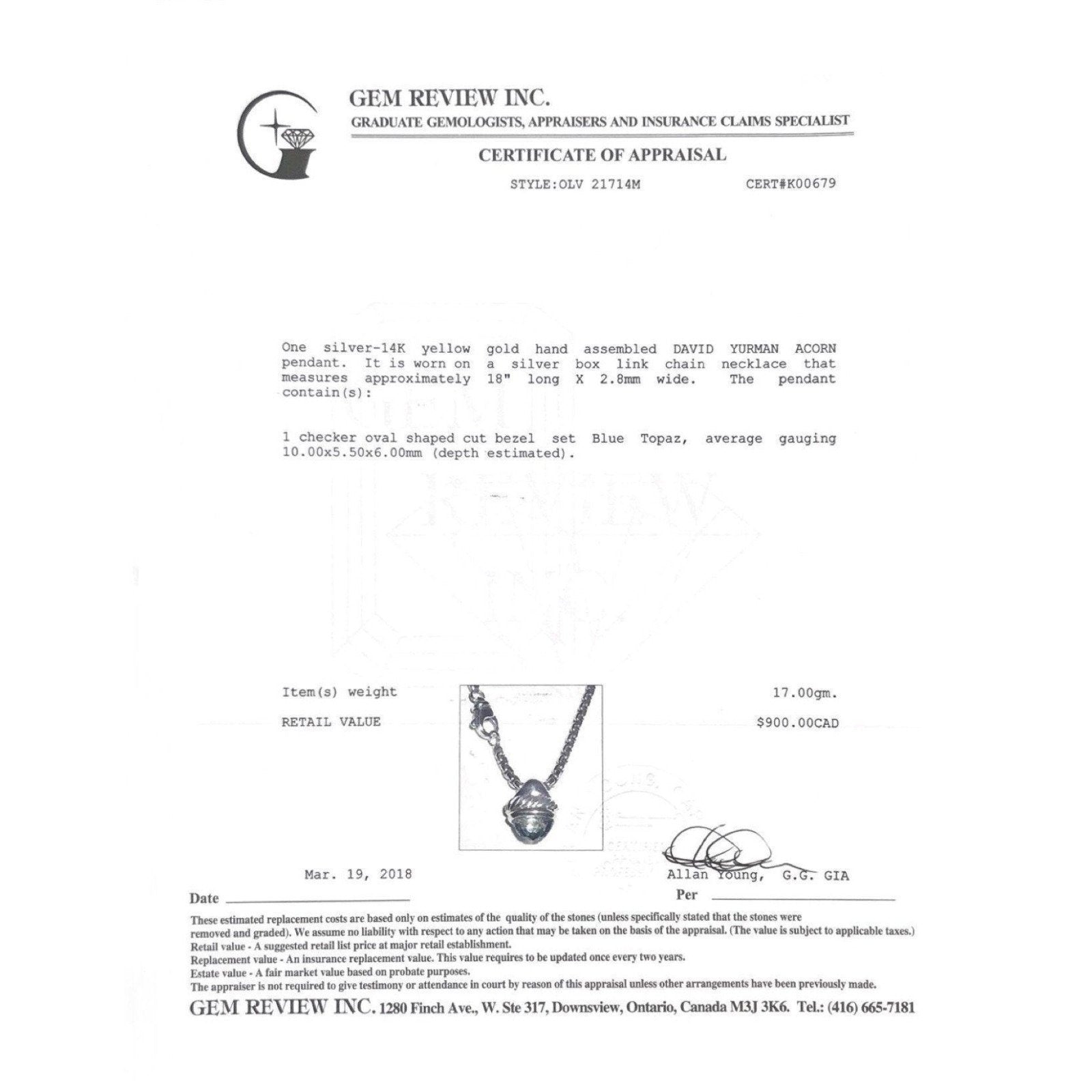 David Yurman Blue Topaz Acorn Pendant in Sterling Silver-14 Karat Yellow Gold