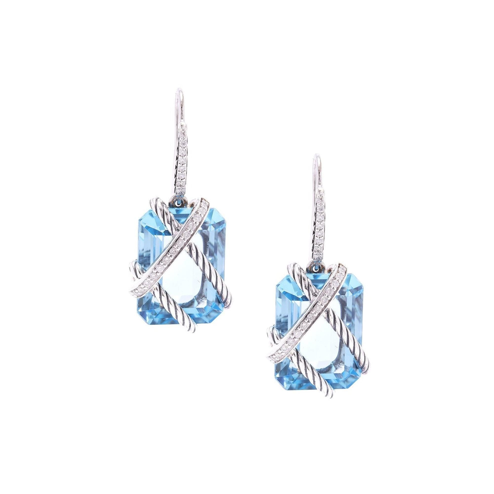 David Yurman Blue Topaz & Diamond Cable Wrap Drop Earrings