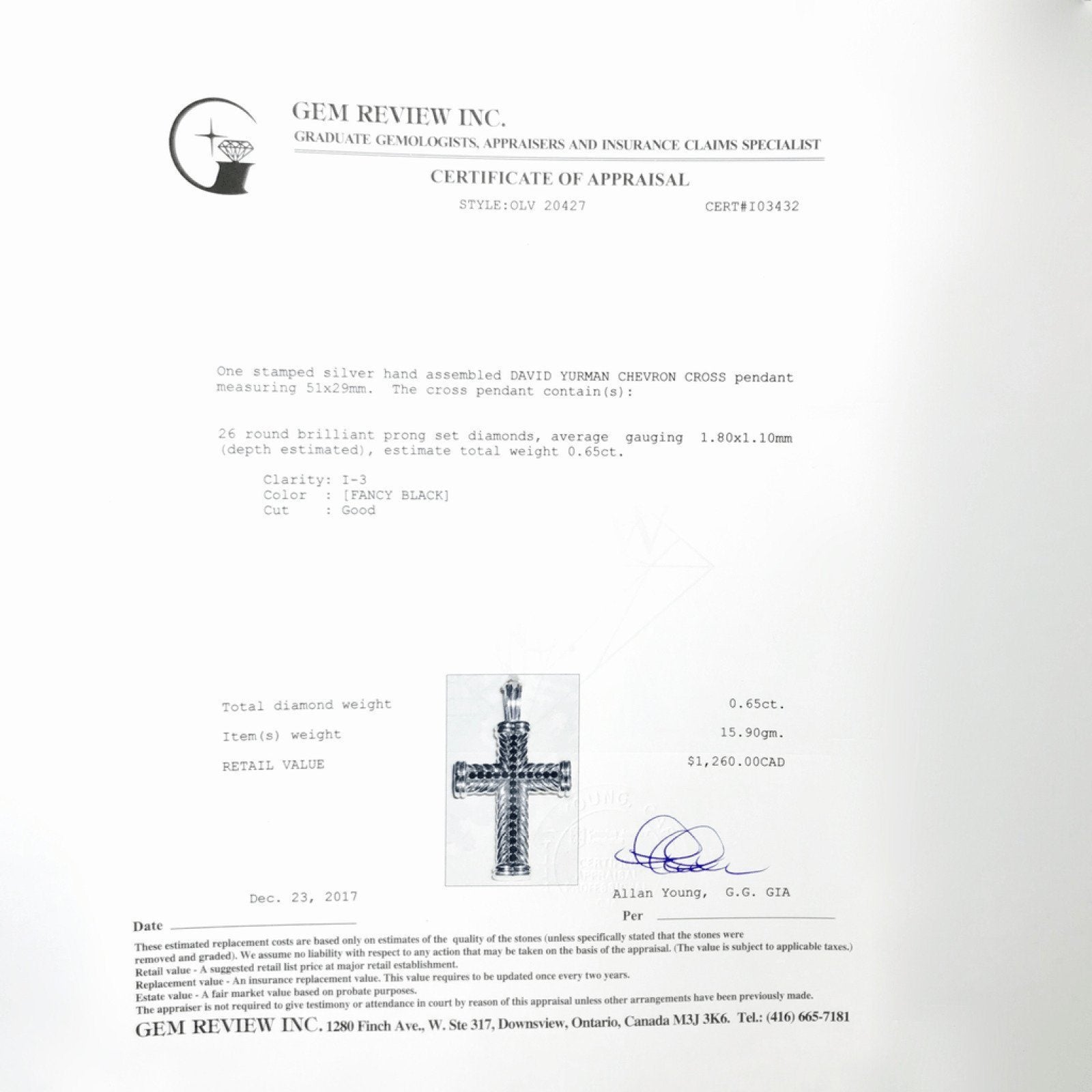 David Yurman Chevron Cross Pendant with Black Diamonds