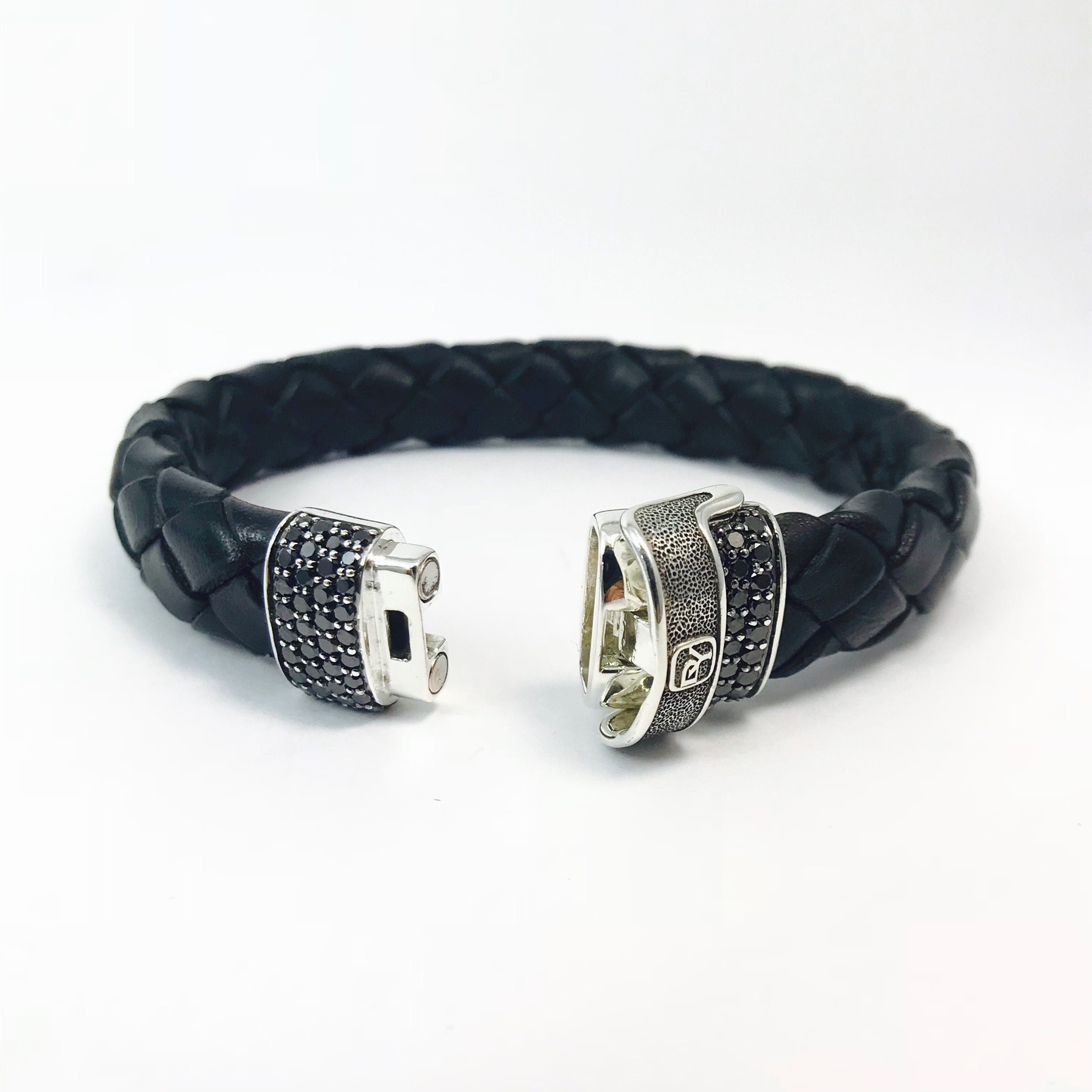 David Yurman Chevron Narrow Woven Leather Black Diamond Bracelet