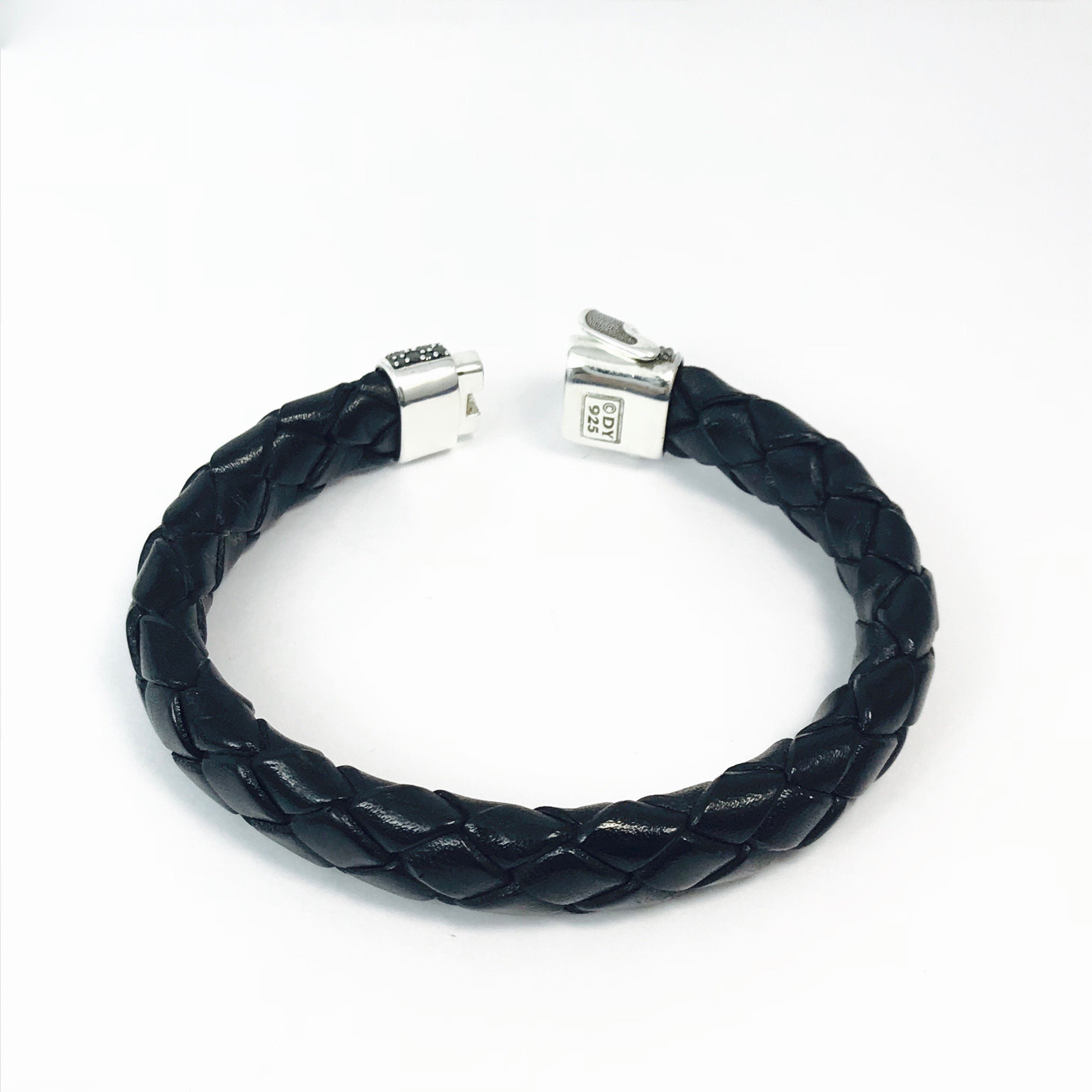 David Yurman Chevron Narrow Woven Leather Black Diamond Bracelet