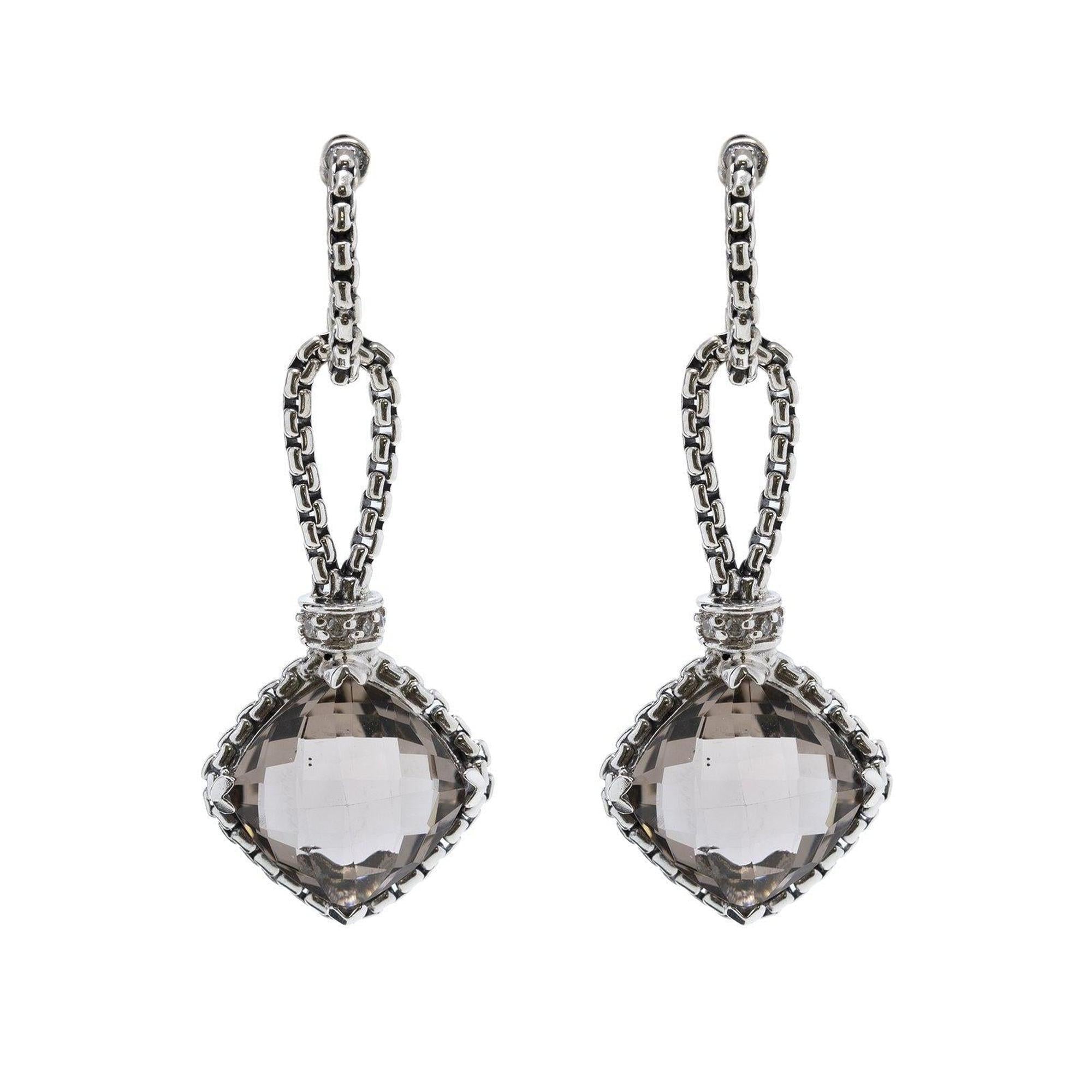 David Yurman Cushion On Point Drop Earrings with Smoky Quartz and Diamonds