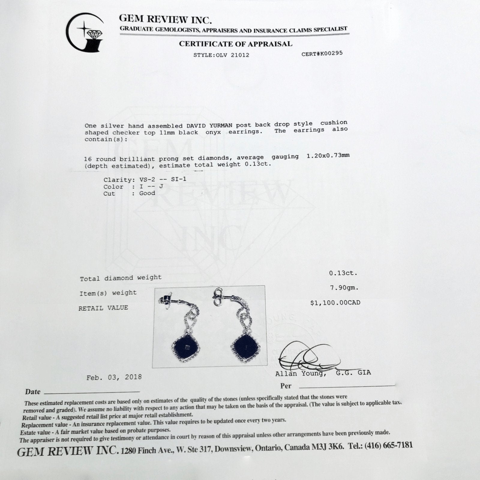 David Yurman Drop Style Diamond (0.13 TCW) and Black Onyx Earrings