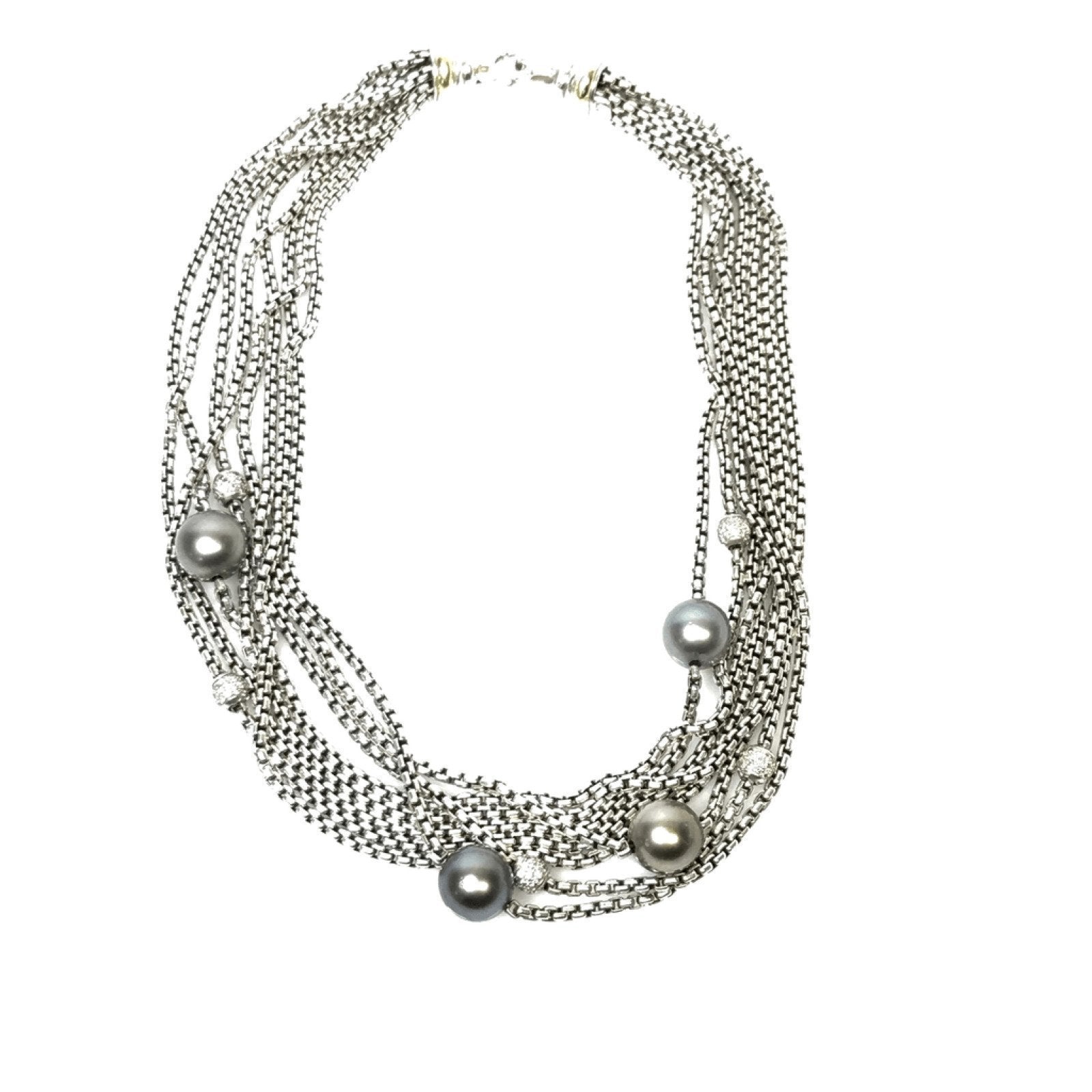 David Yurman Multi Strand Pave Diamond and Black Pearl Necklace