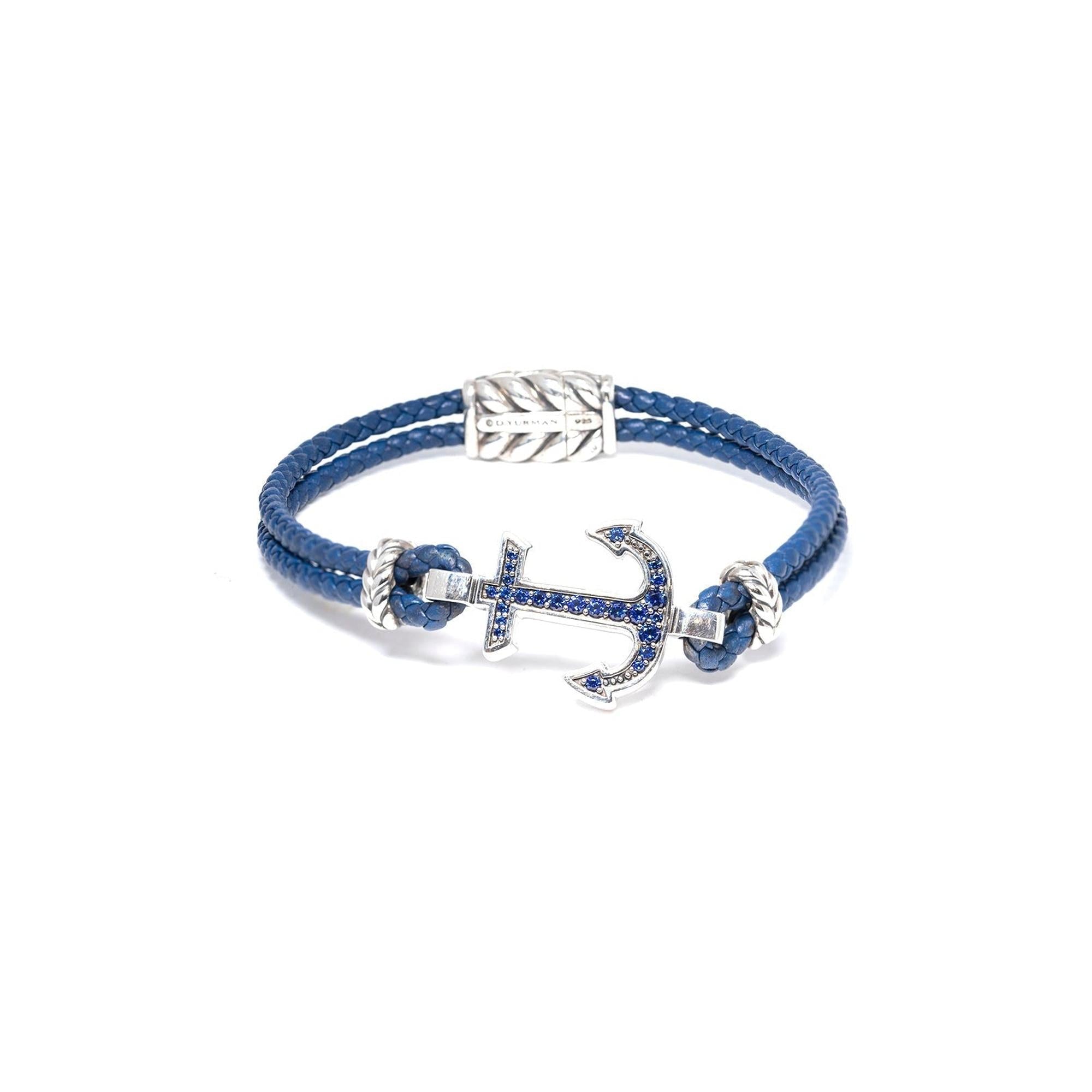 David Yurman Pave Sapphire Maritime Anchor Station Leather Bracelet