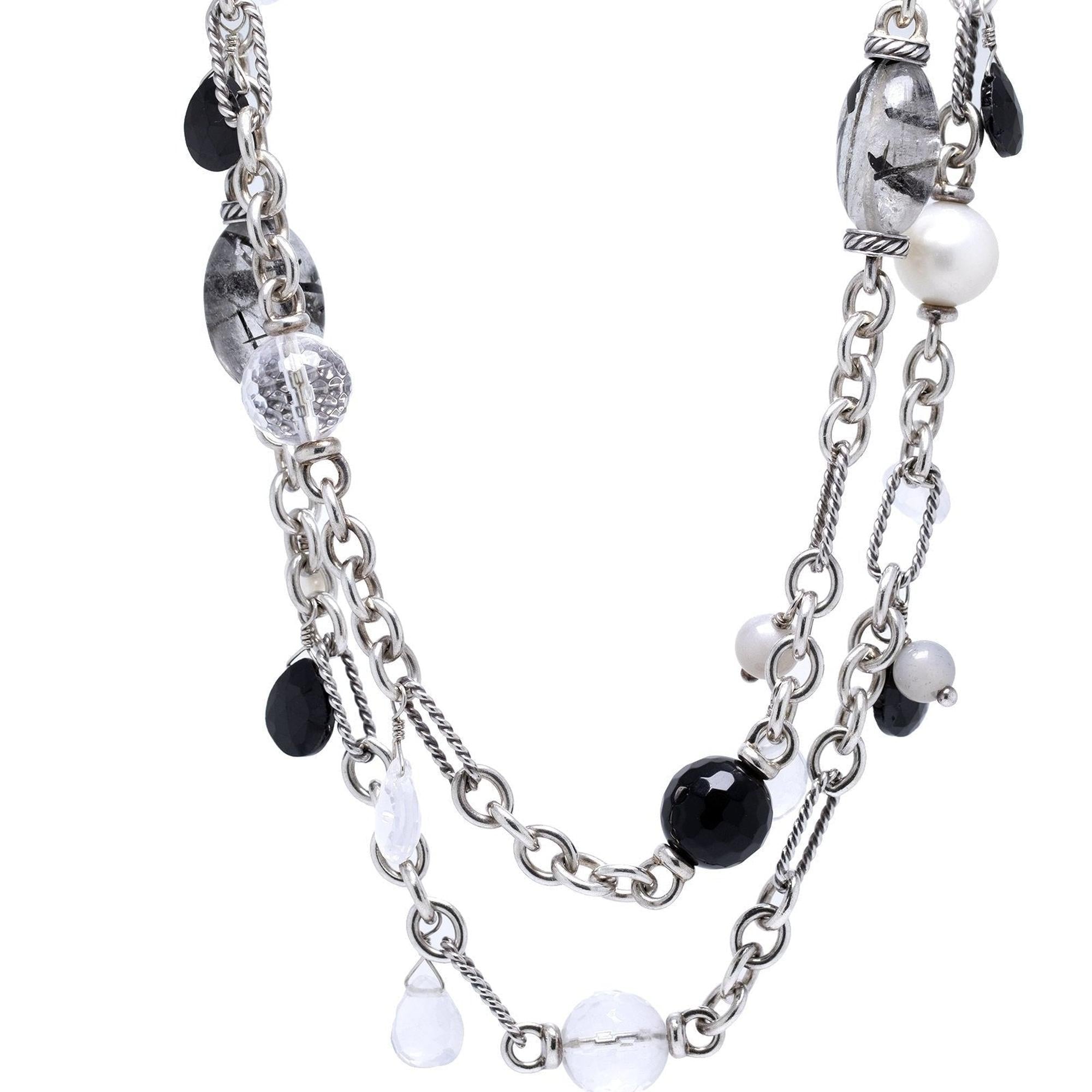 David Yurman Pearl, Onyx, Quartz Station Figaro Link Necklace