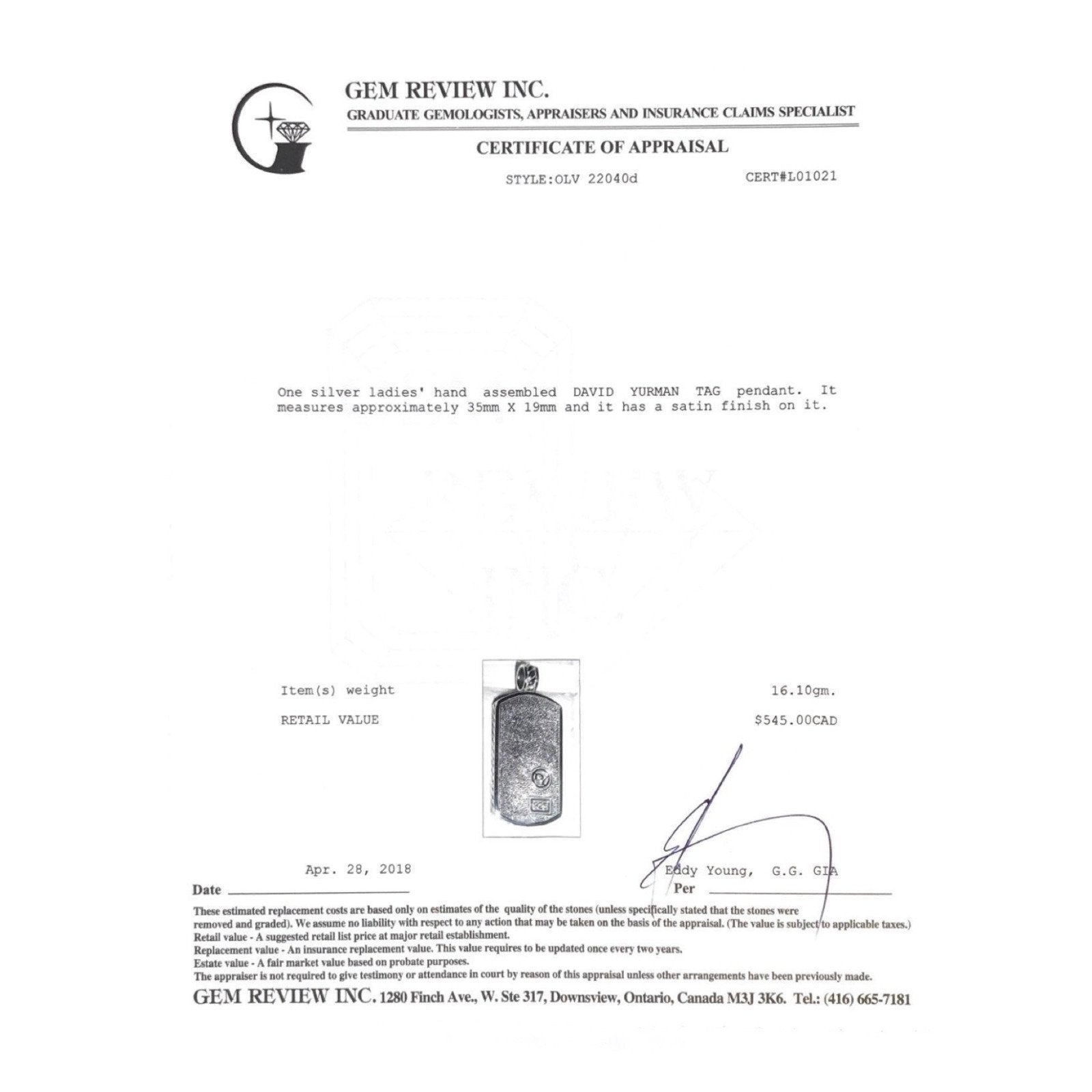 David Yurman Tag Pendant