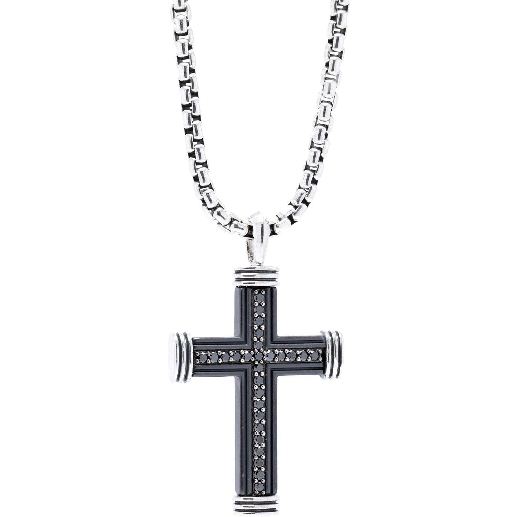 David Yurman Titanium Black Diamond Cross Pendant Necklace w/ Box