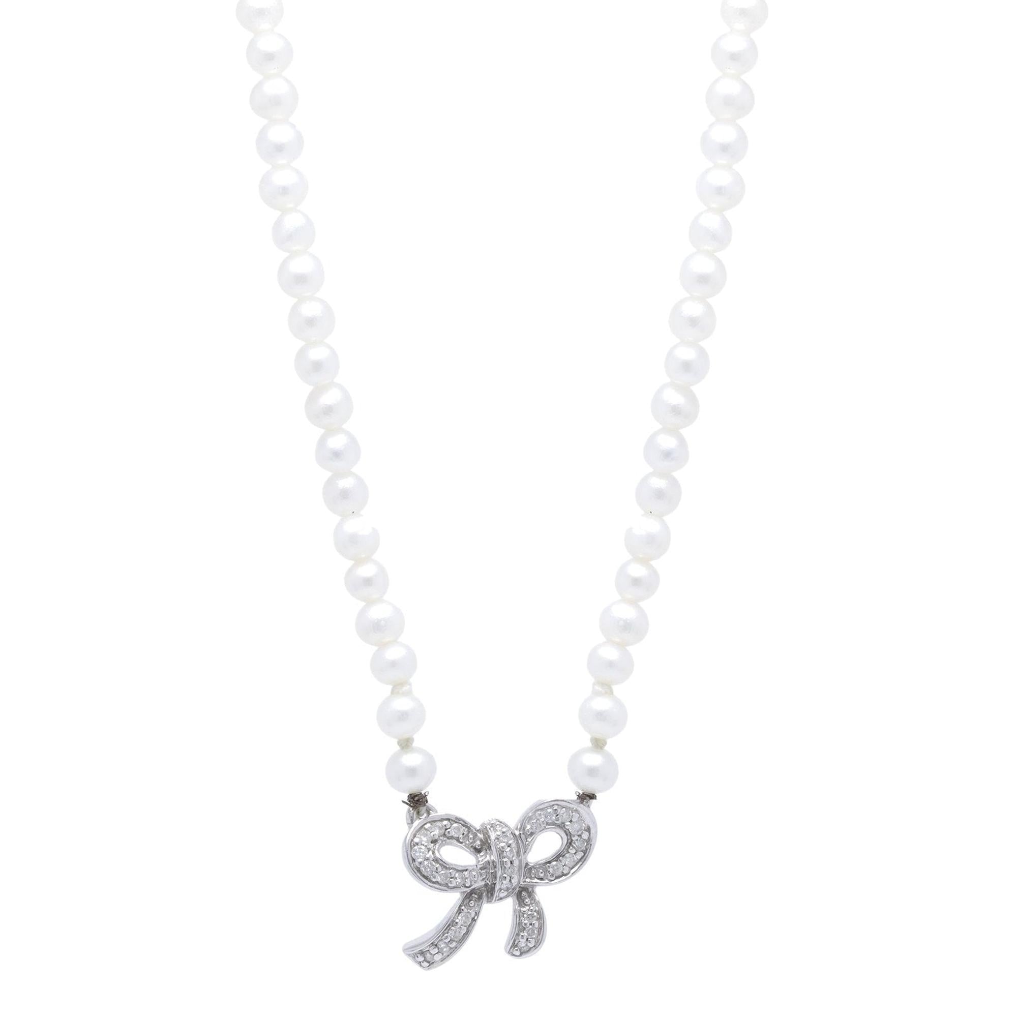 Diamond Bow Pearl Necklace