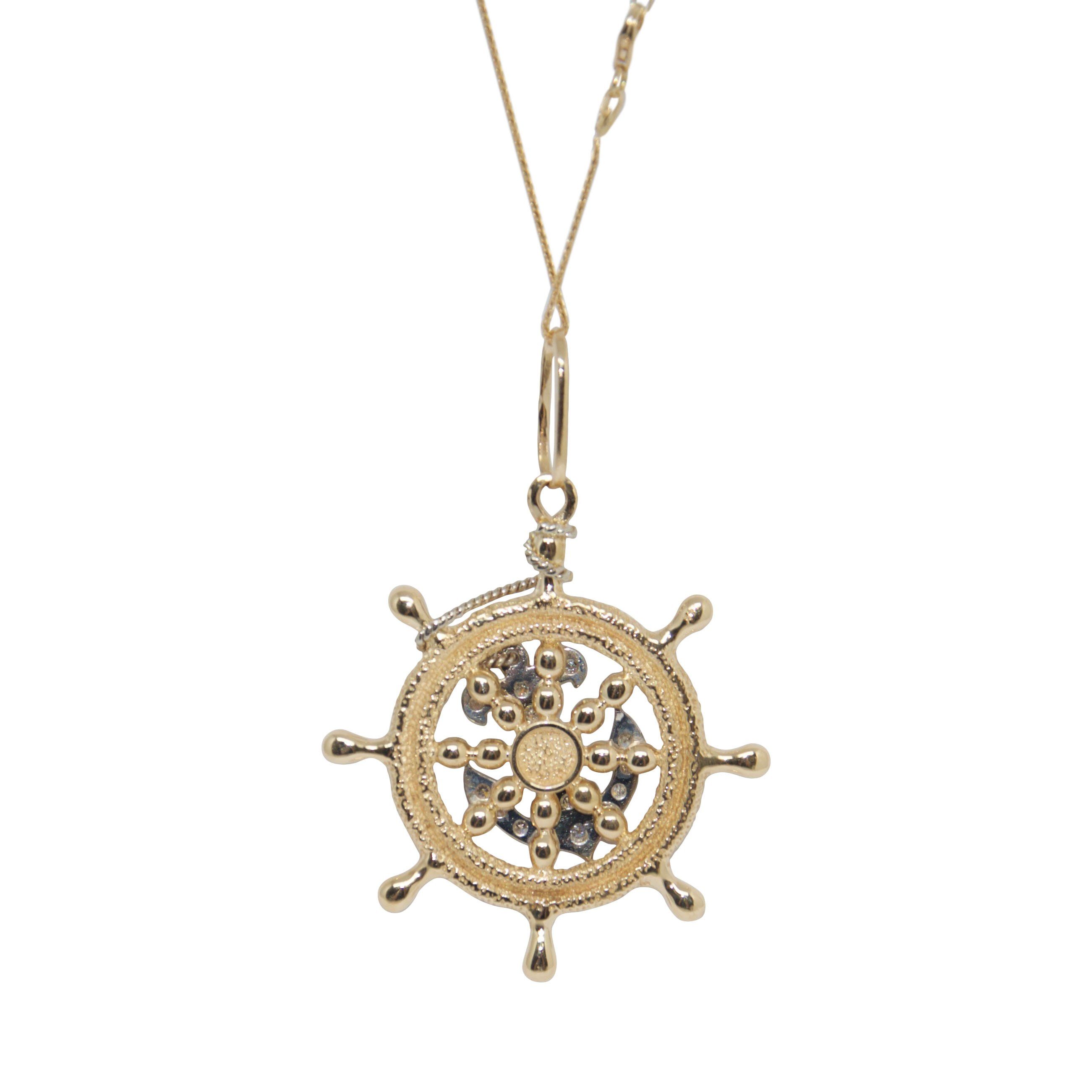 Diamond Nautical Boat Wheel Pendant Necklace