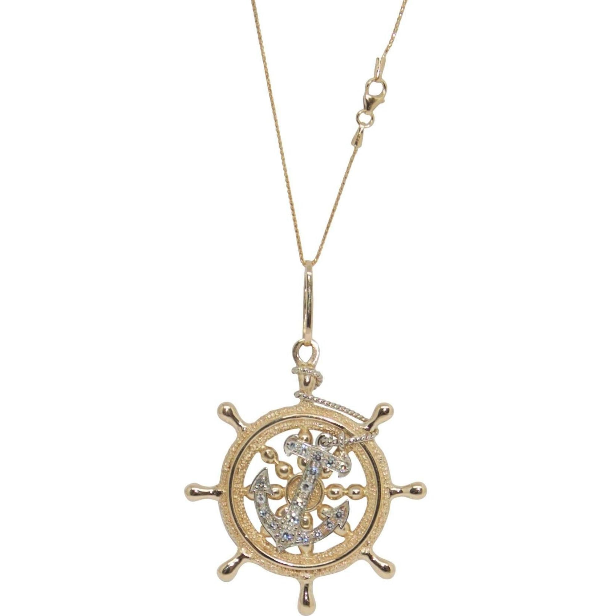 Diamond Nautical Boat Wheel Pendant Necklace