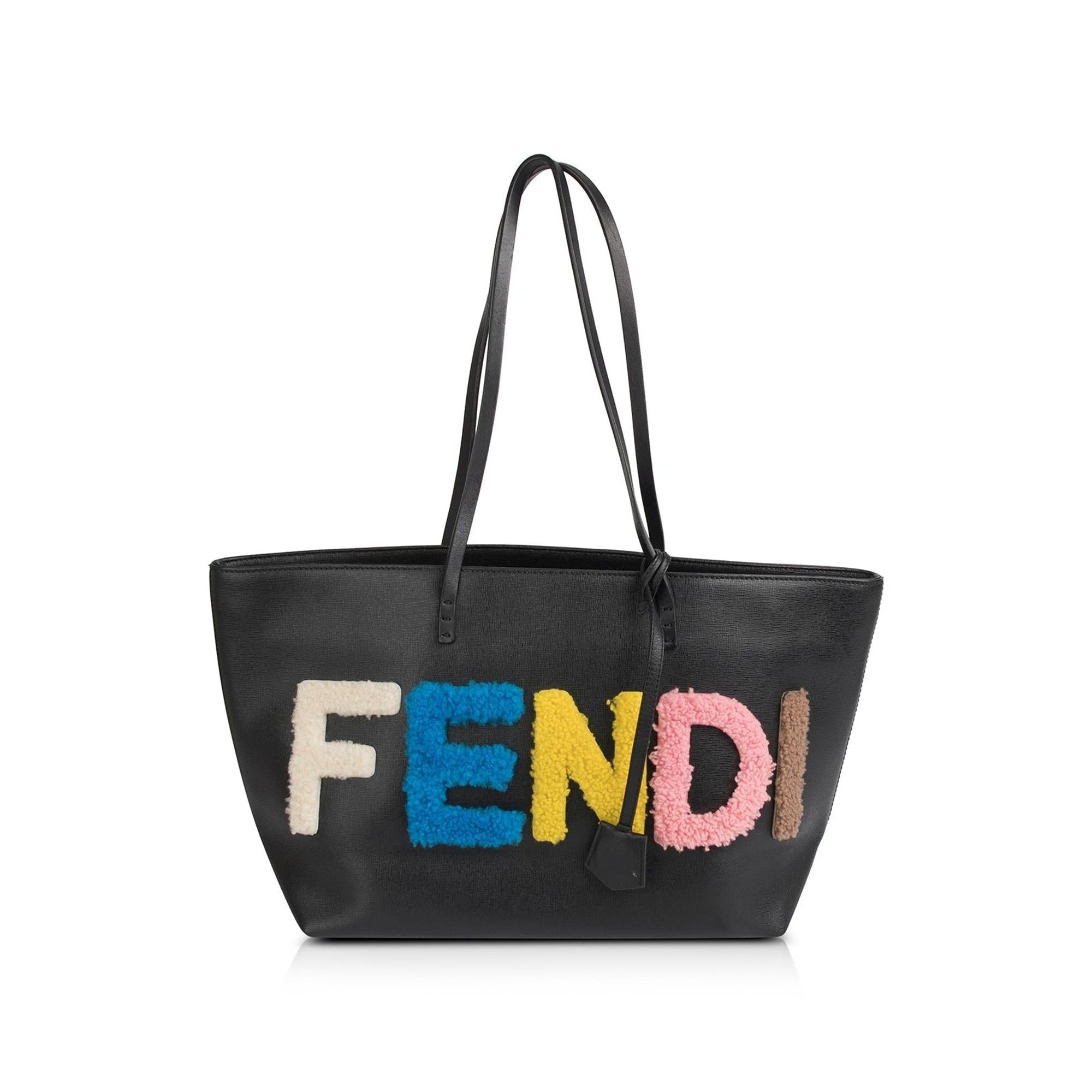 Fendi Small Leather and Shearling Logo Roll Tote