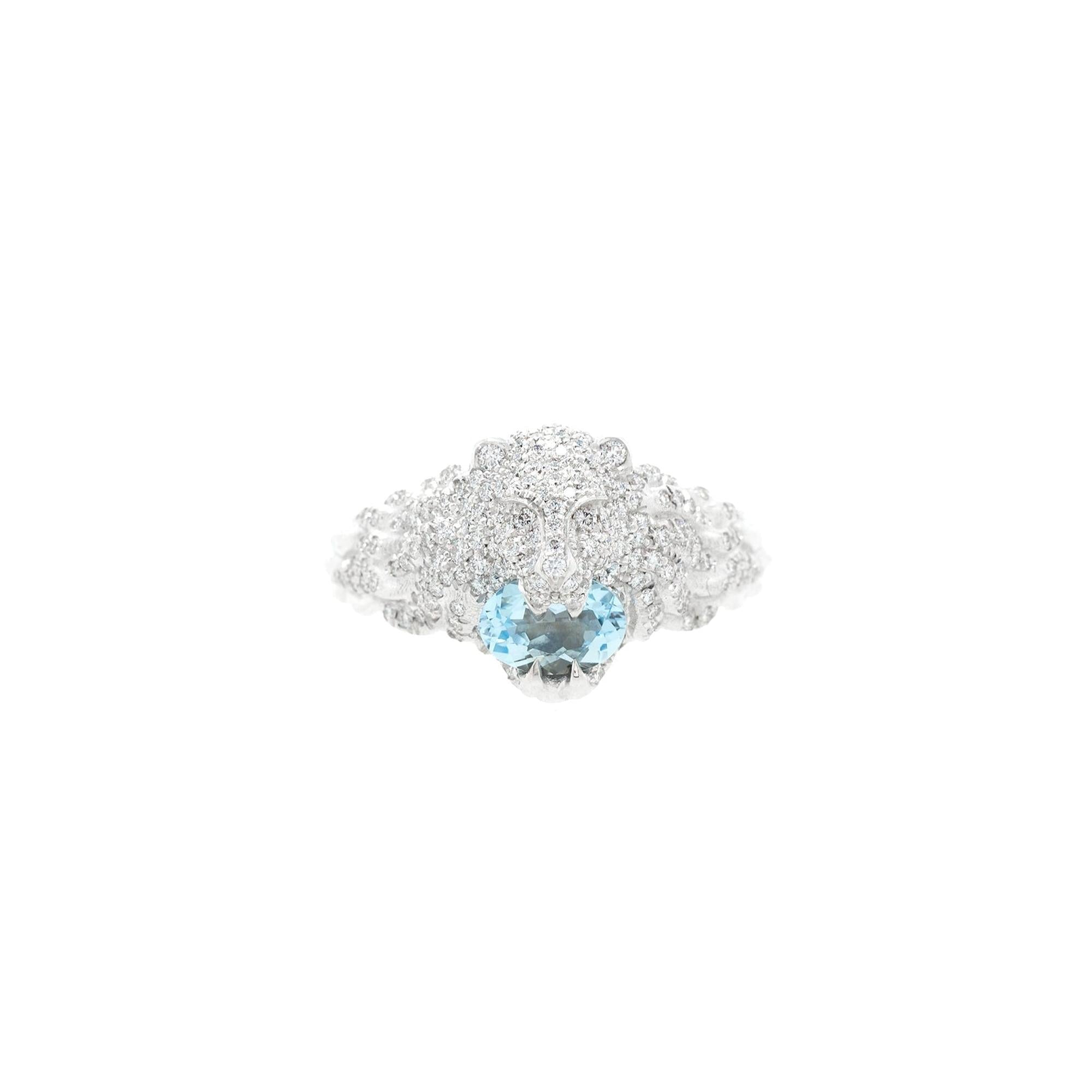 Gucci 18k White Gold Lion Head Ring with Aquamarine & Diamonds