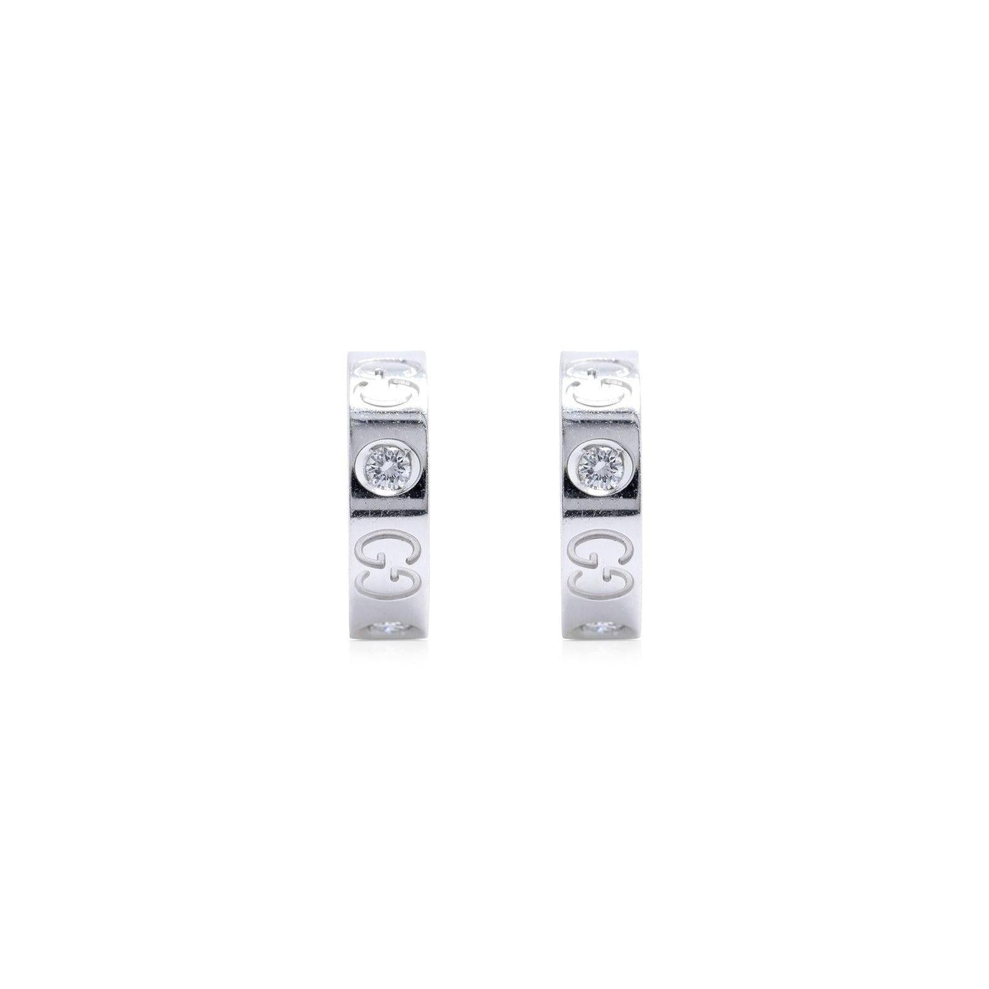 Gucci 18k White Gold Small Icon Diamond Hoop Earrings
