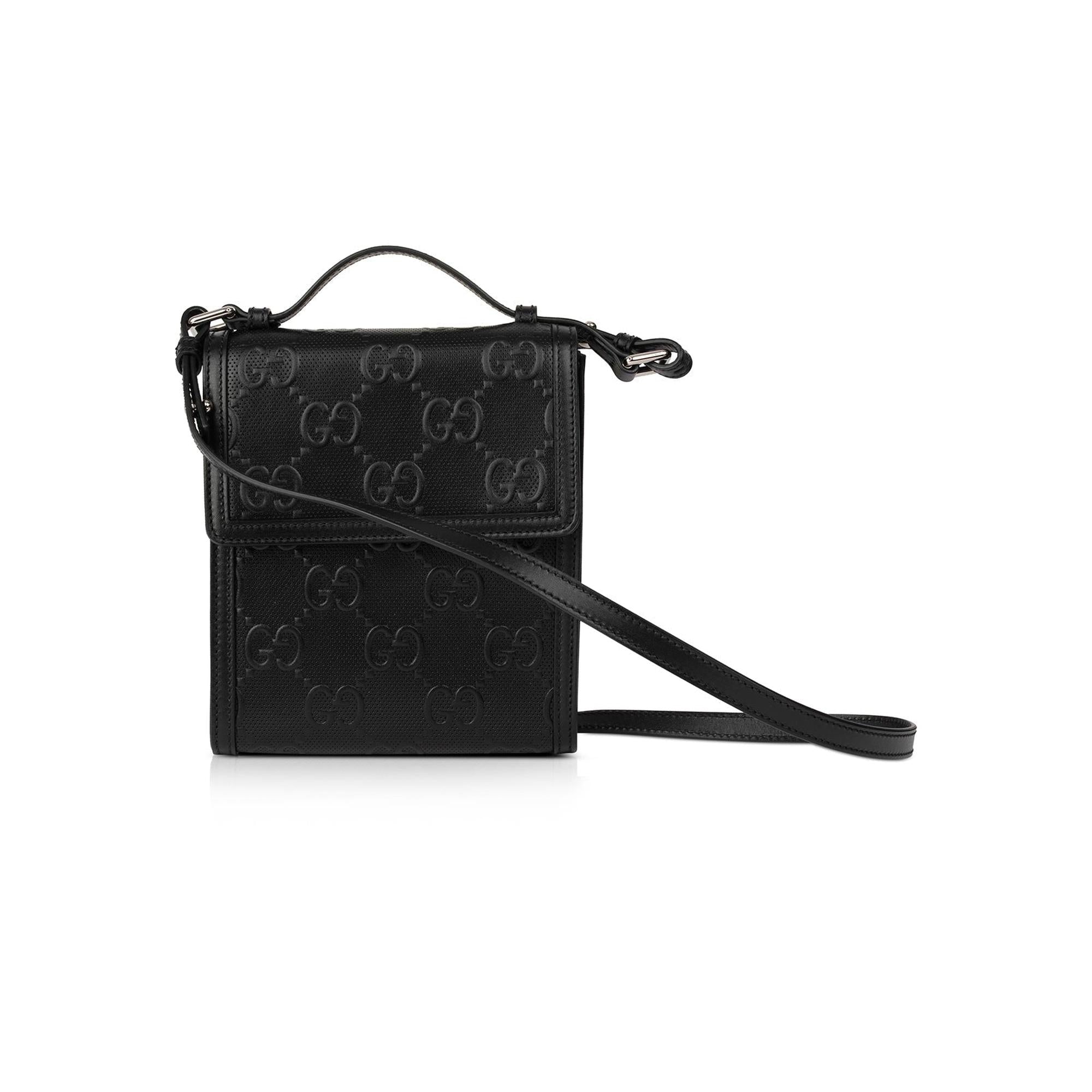 Gucci Black GG Embossed Messenger Bag w/ Box