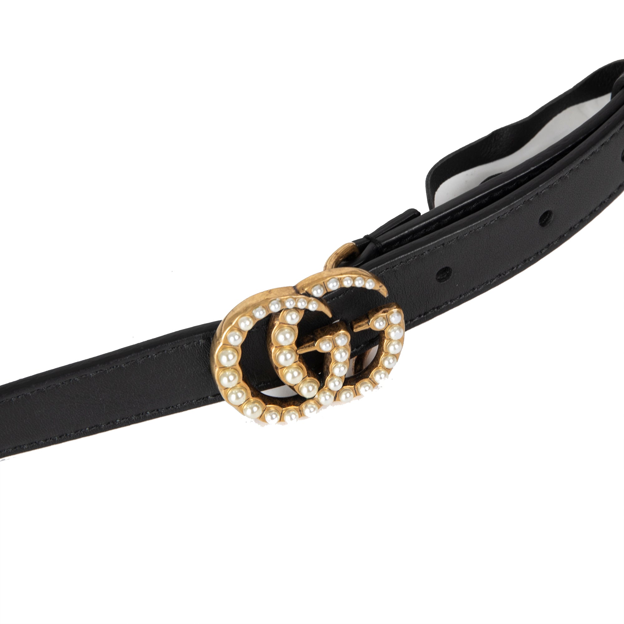 Gucci Black Leather Belt with Pearl Double G Buckle