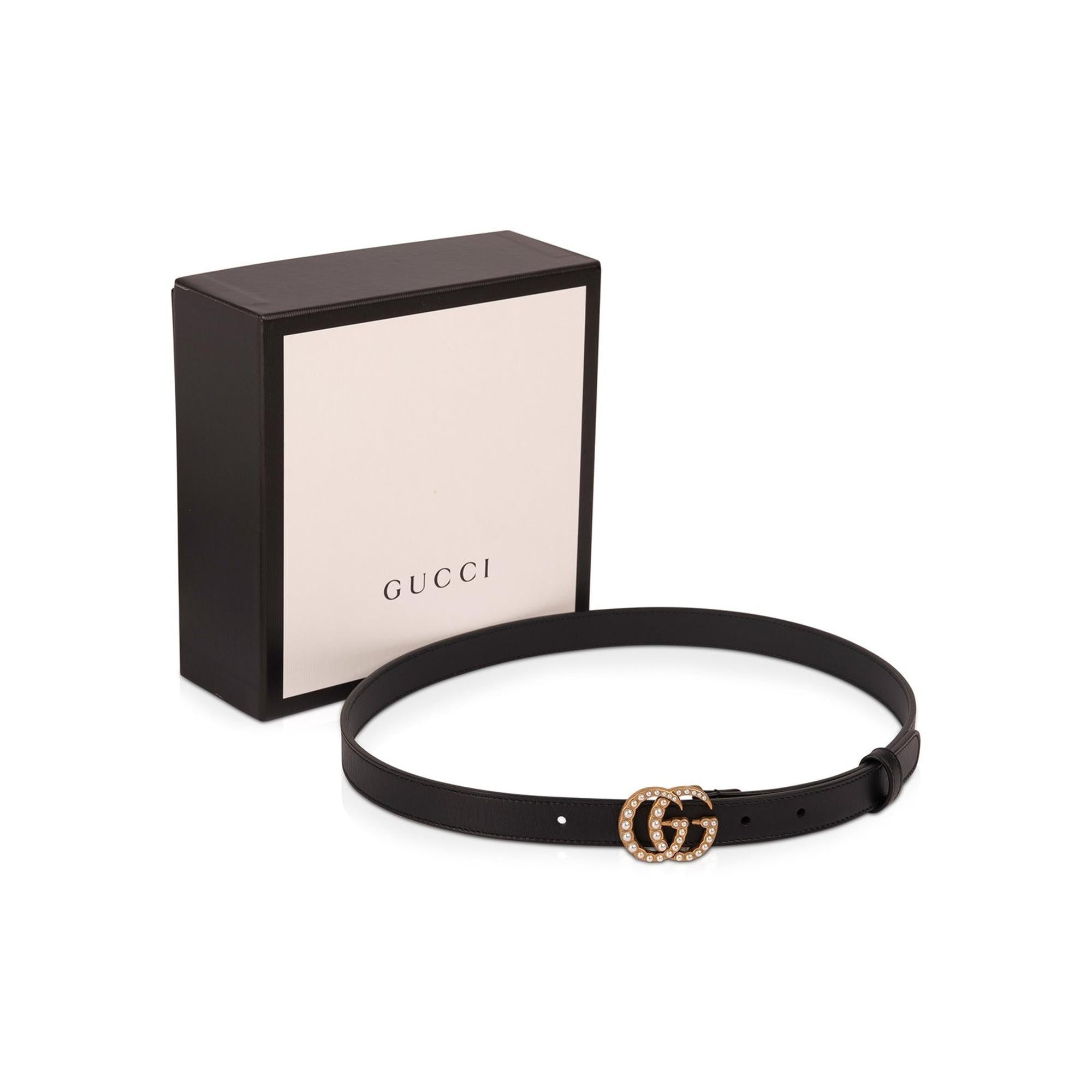 Gucci Black Leather Belt with Pearl Double G Buckle w/ Box