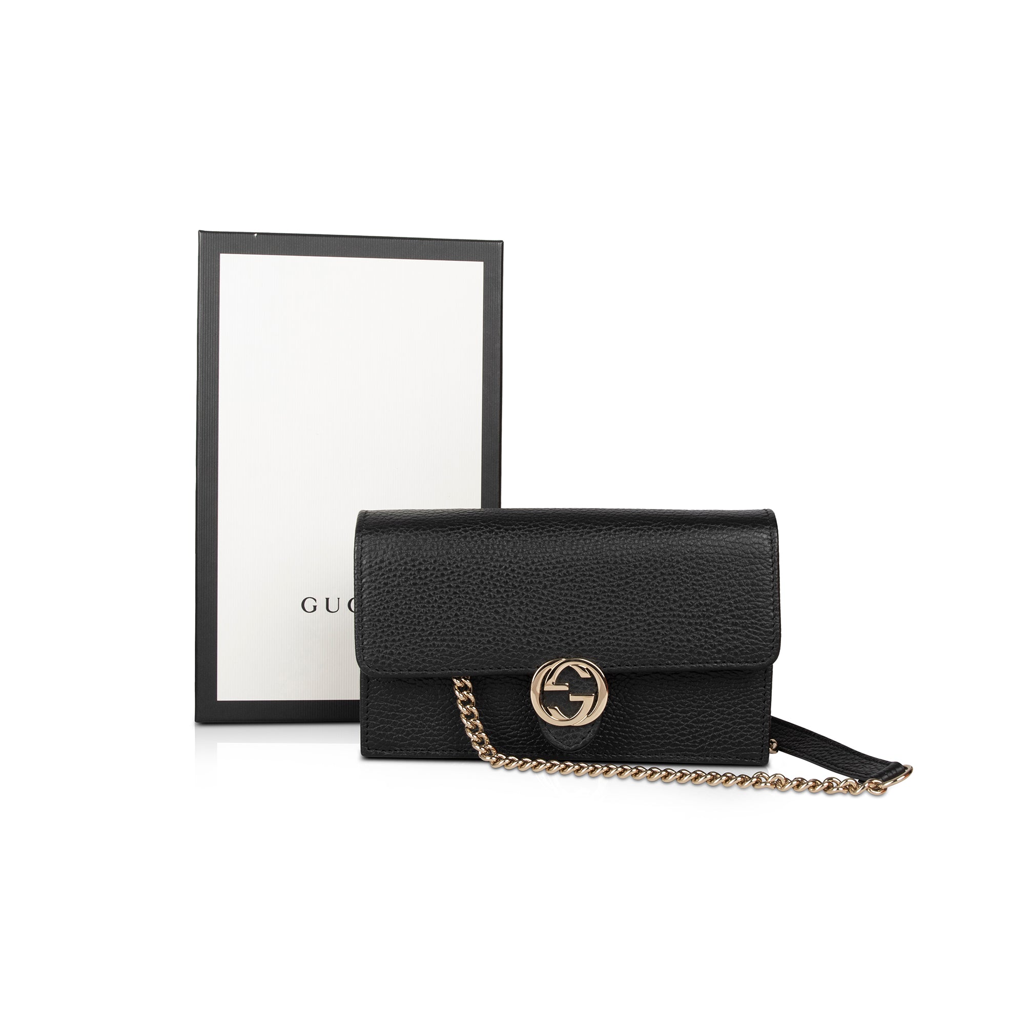 Gucci Black Leather Interlocking G Wallet on Chain w/ Box