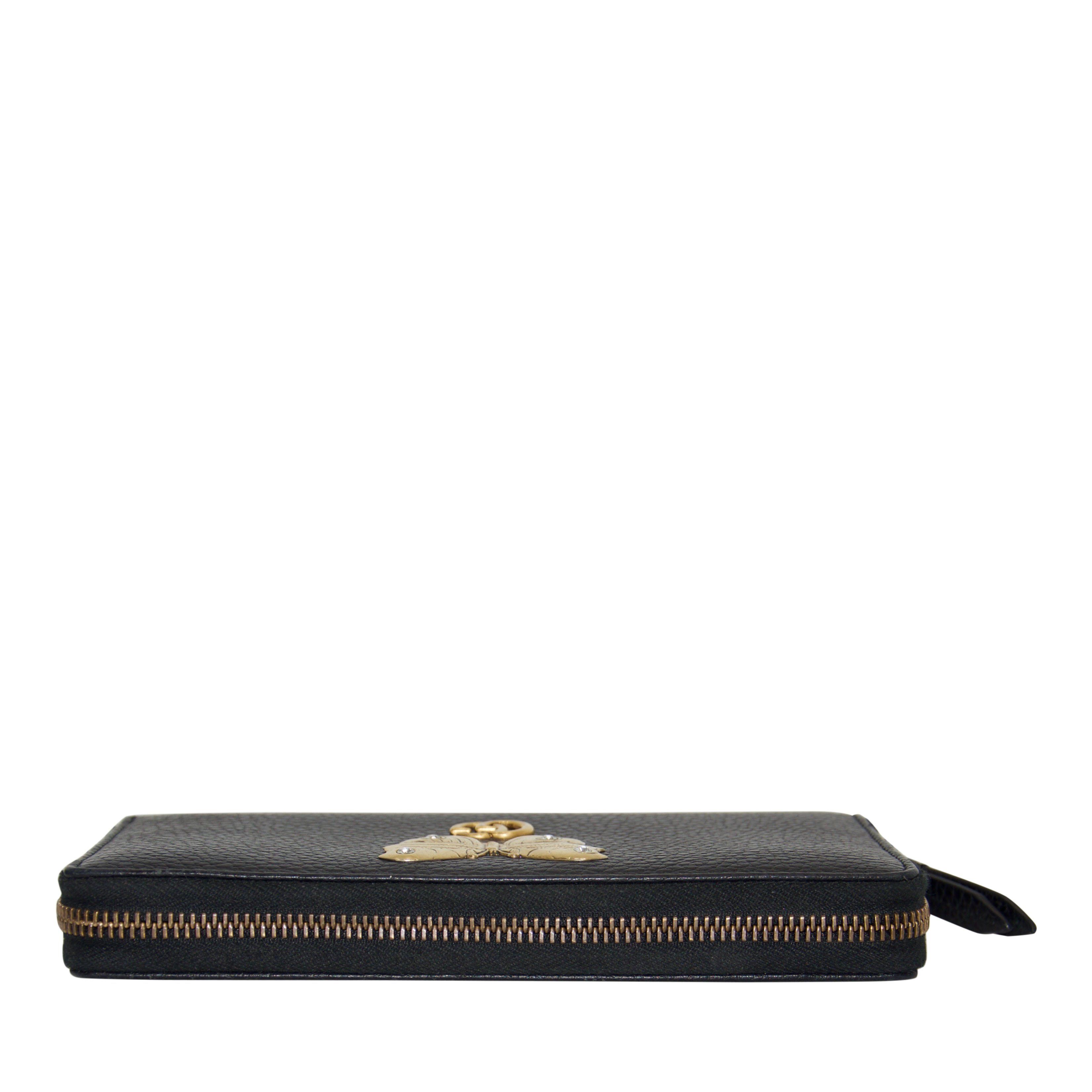 Gucci Black Leather Zip-Around Wallet with Butterfly