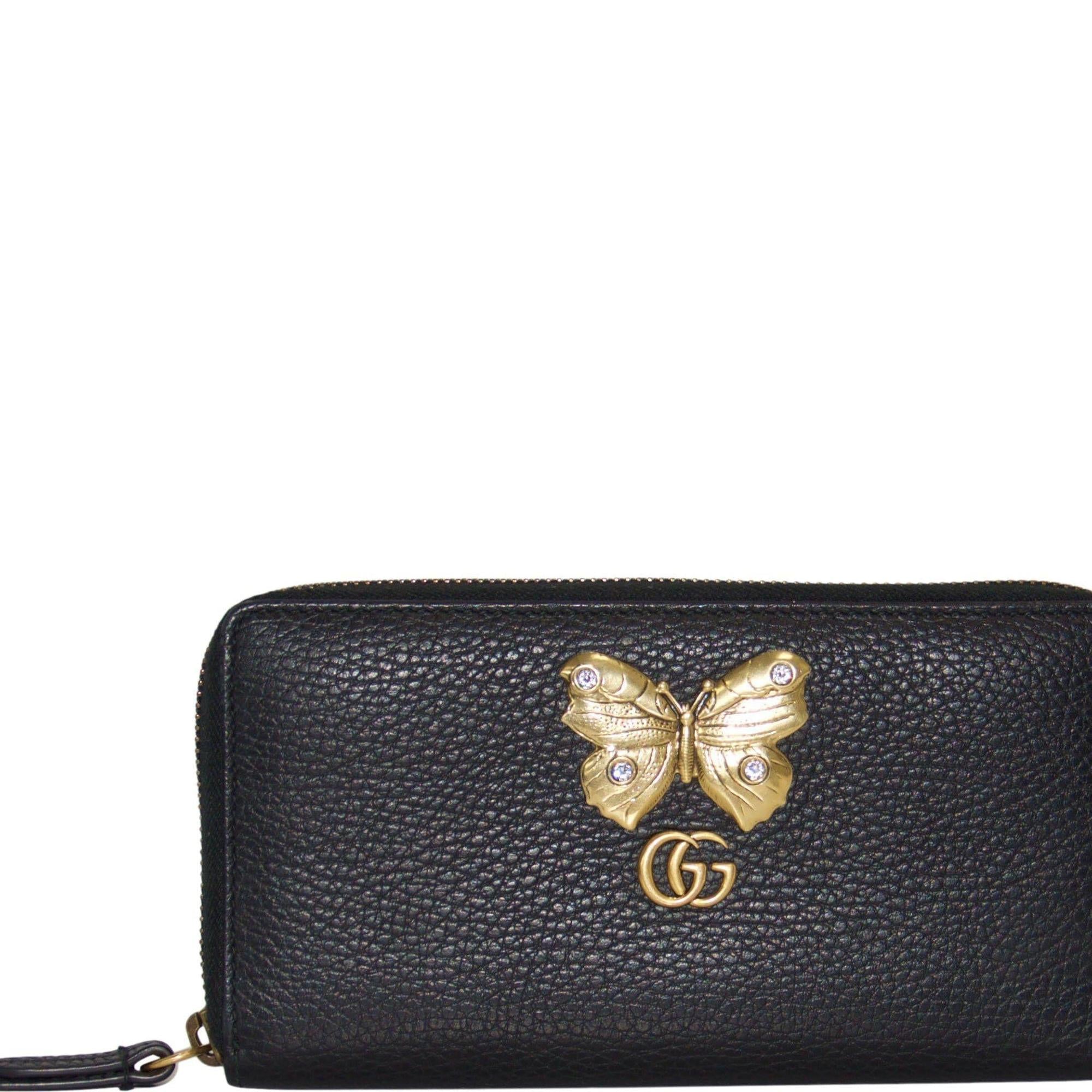 Gucci Black Leather Zip-Around Wallet with Butterfly
