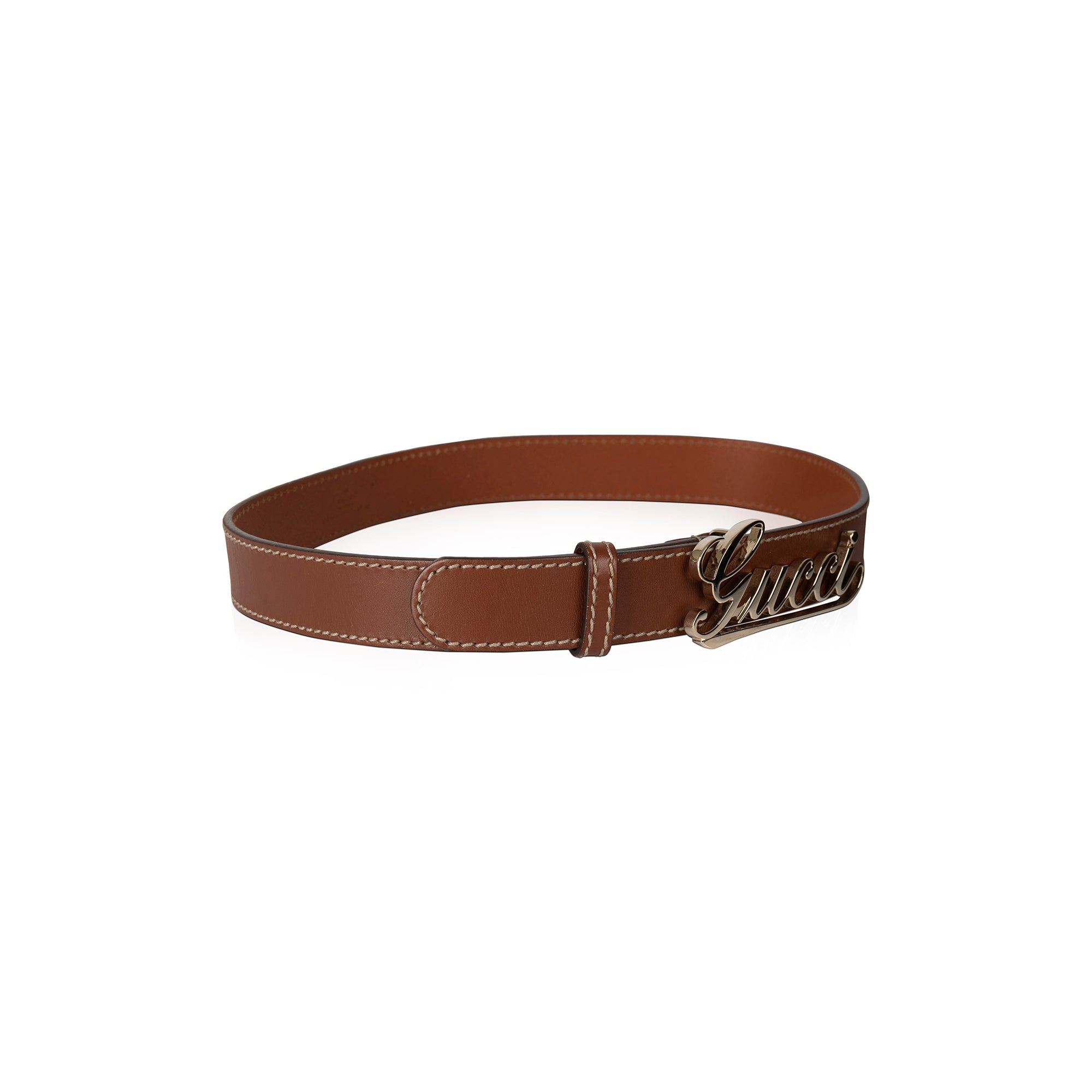 Gucci Brown Leather Belt with Script Logo Buckle