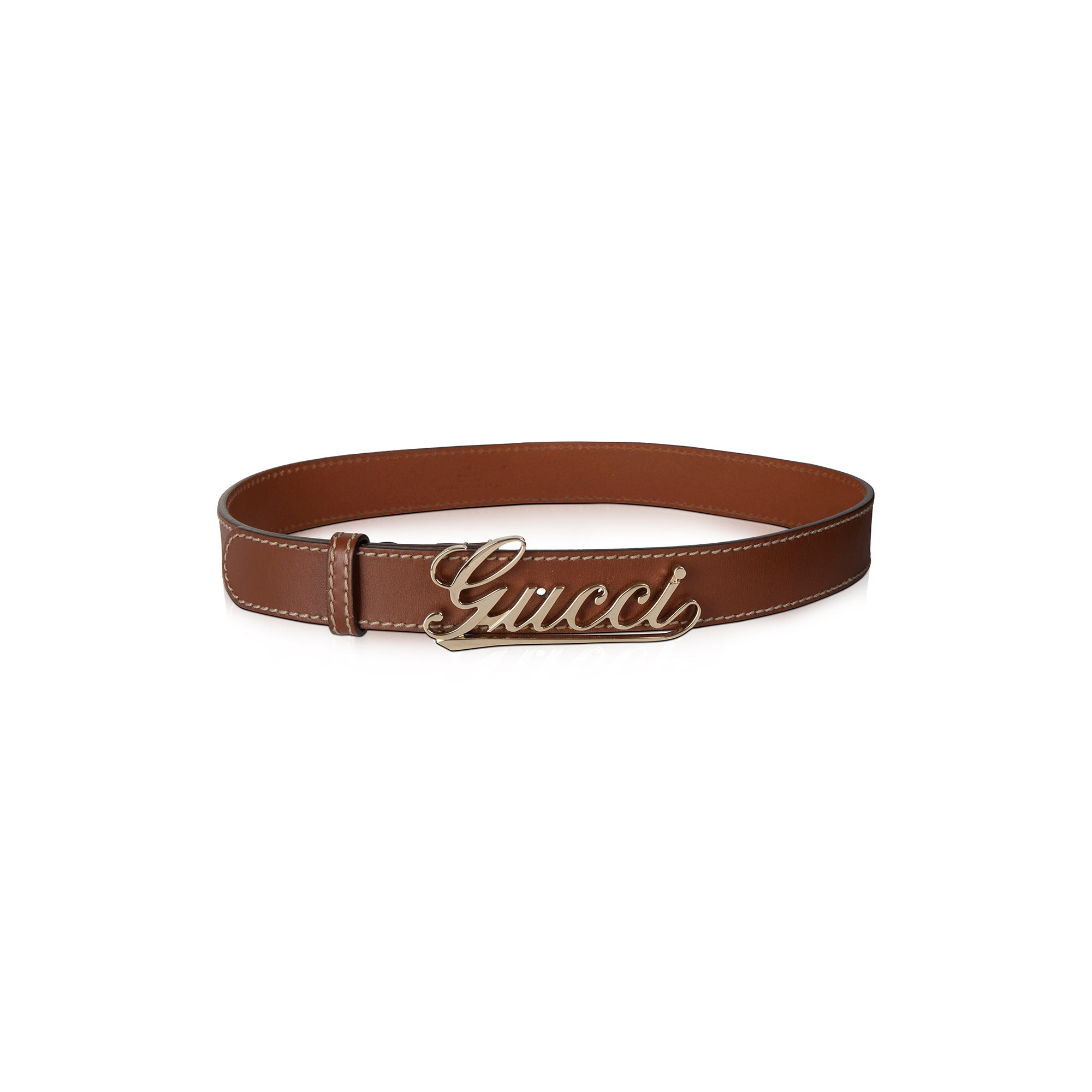 Gucci Brown Leather Belt with Script Logo Buckle