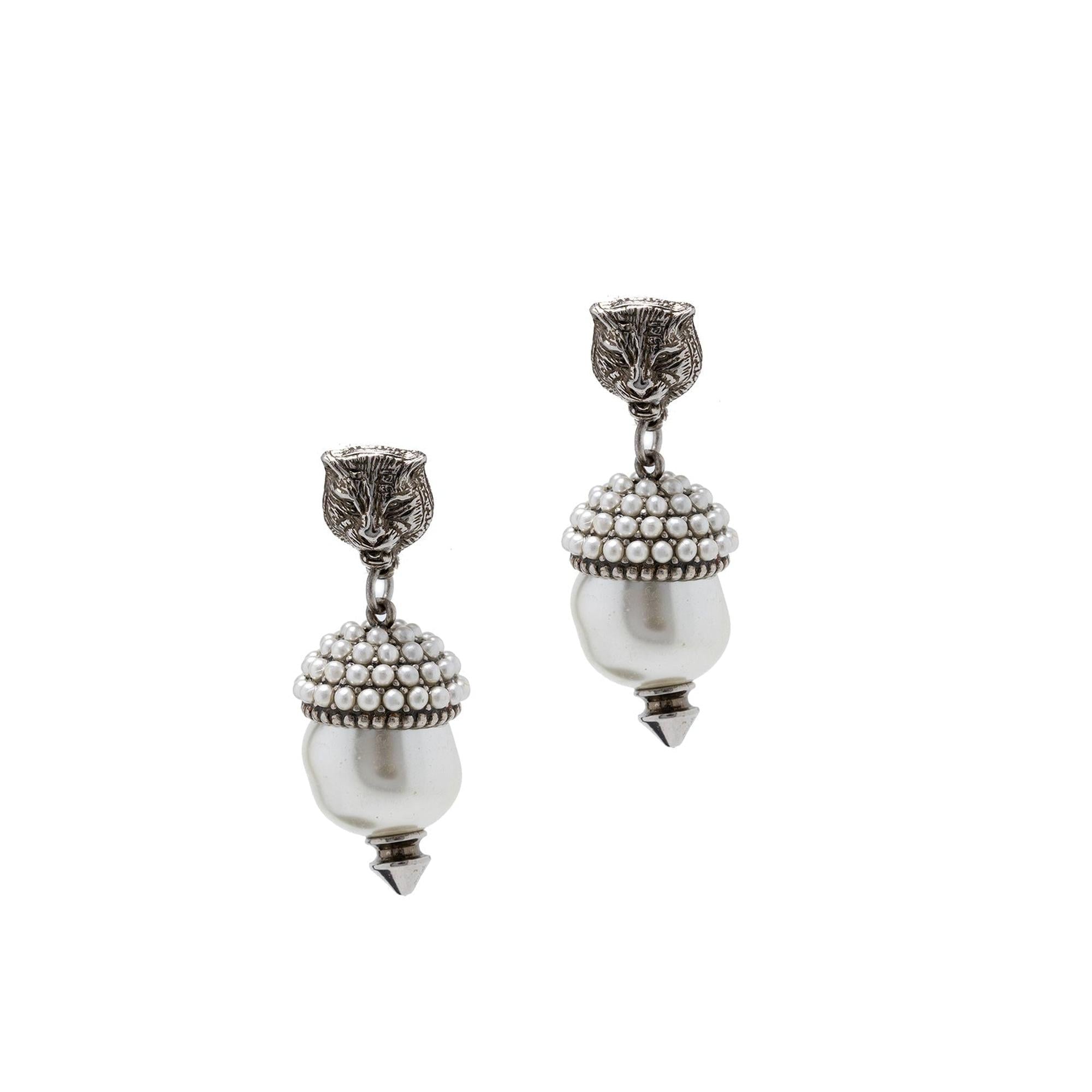 Gucci Faux Pearl Feline Head Drop Earrings