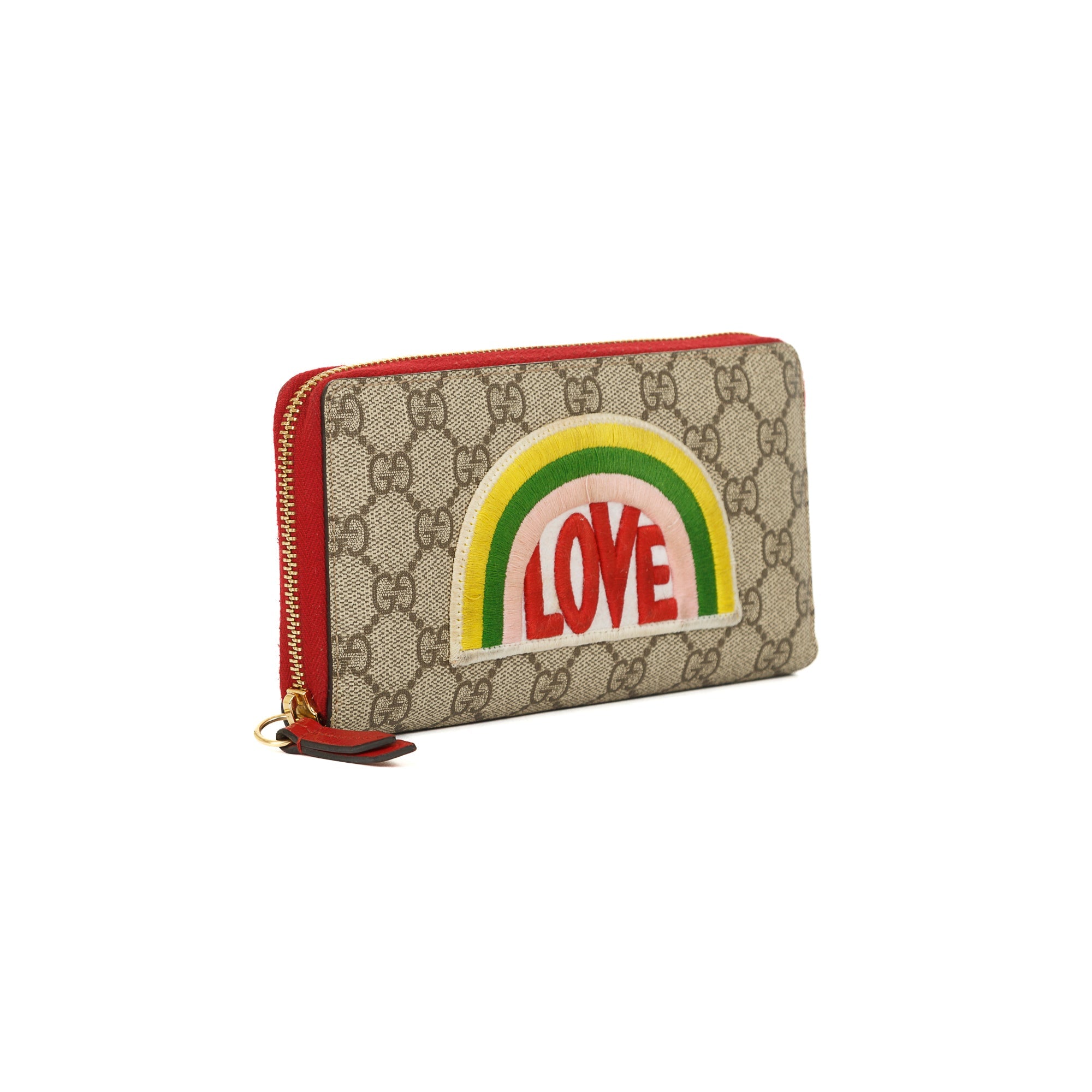 Gucci GG Supreme Embroidered Rainbow Love Zip Around Wallet