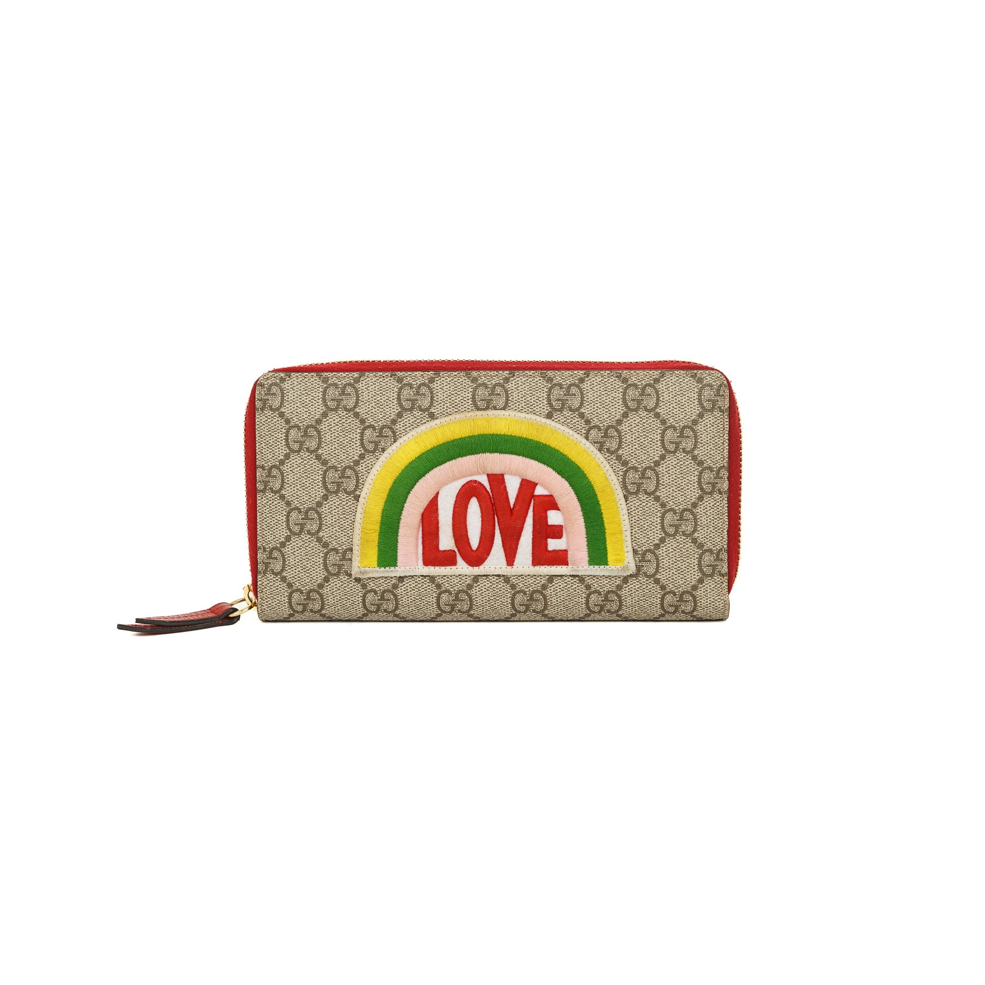 Gucci GG Supreme Embroidered Rainbow Love Zip Around Wallet