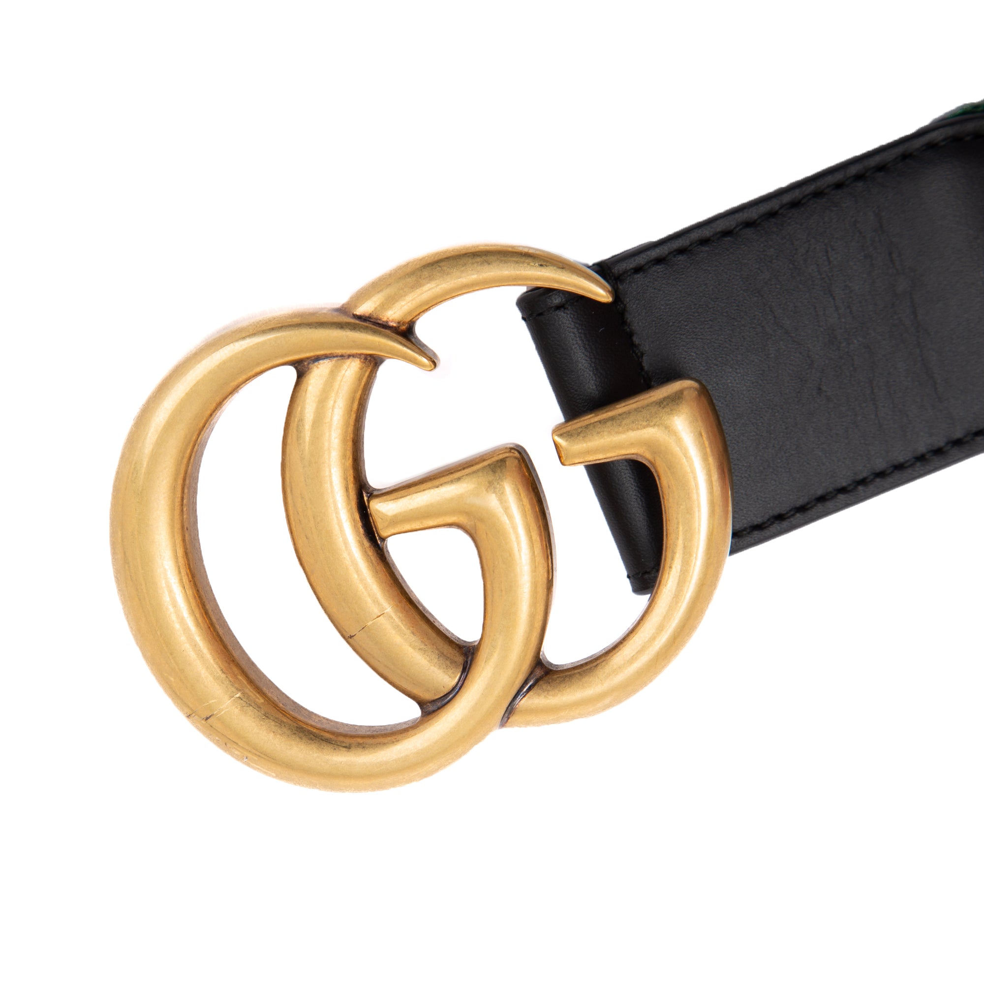 Gucci Green & Red Web Canvas & Black Leather Belt with Double G