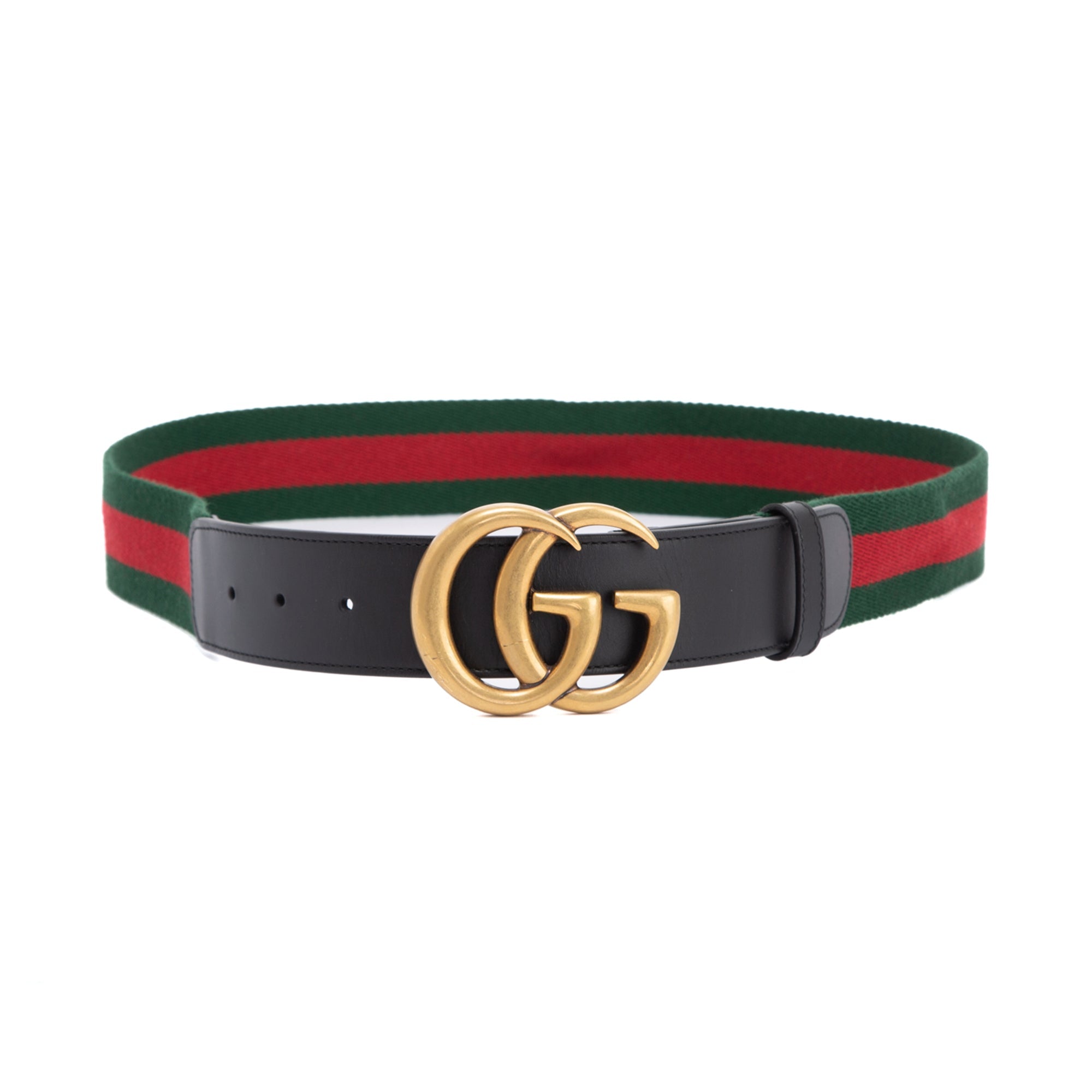 Gucci Green & Red Web Canvas & Black Leather Belt with Double G Buckle