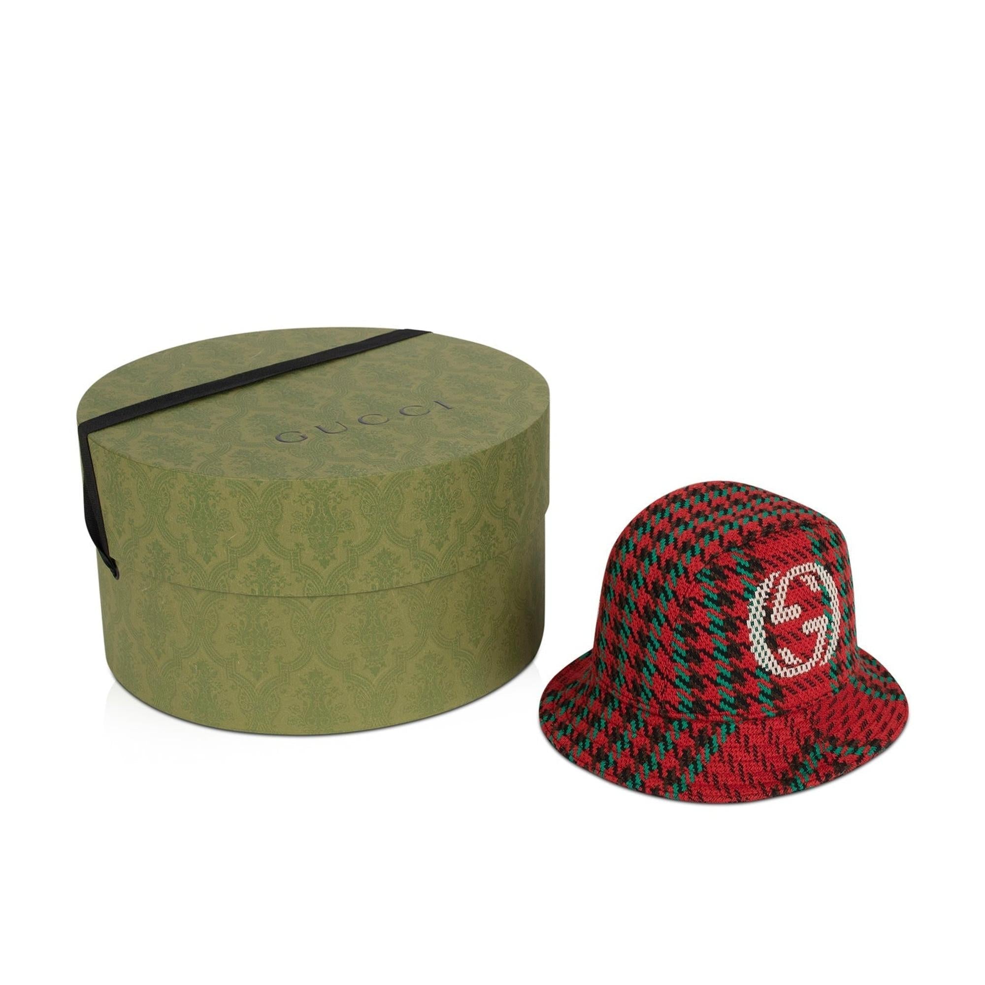Gucci Houndstooth Wool Bucket Hat with Interlocking G w/ Box