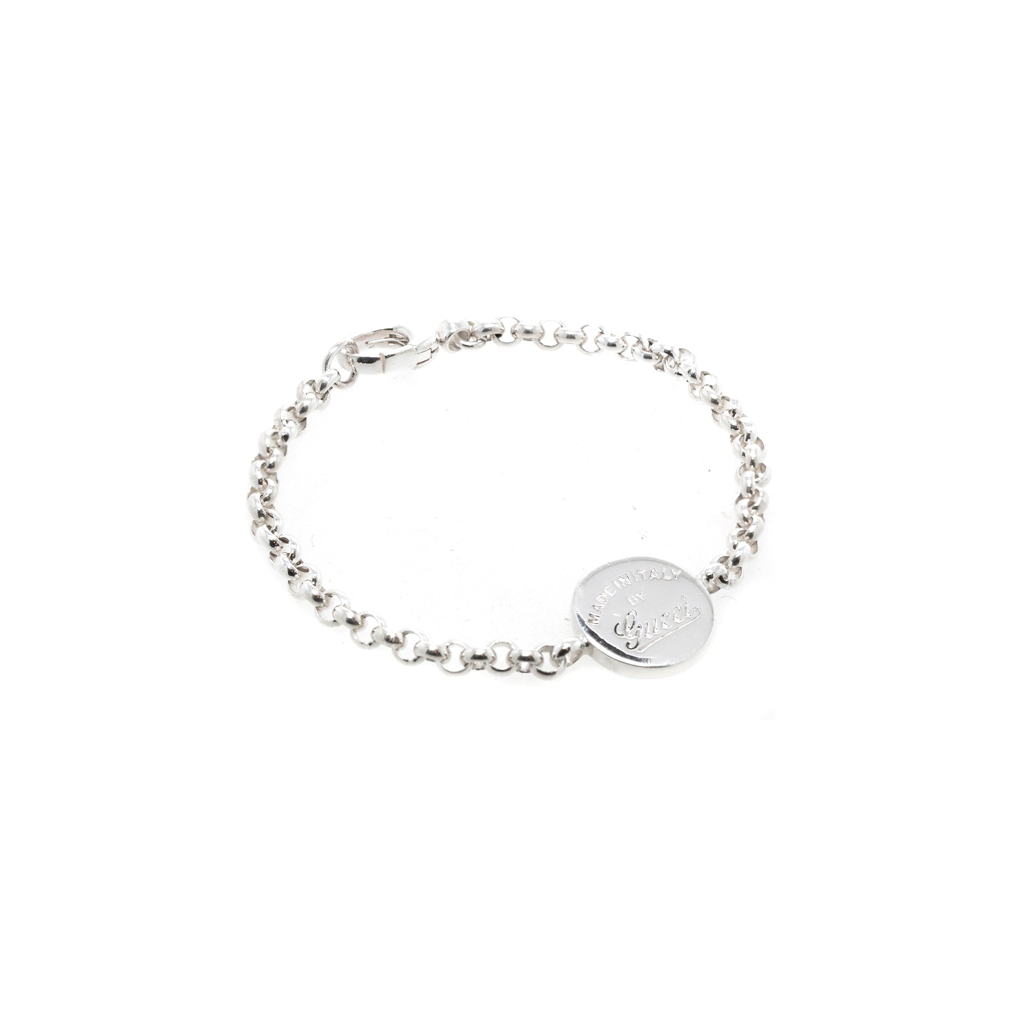 Gucci Sterling Silver Trademark Round Charm Link Bracelet