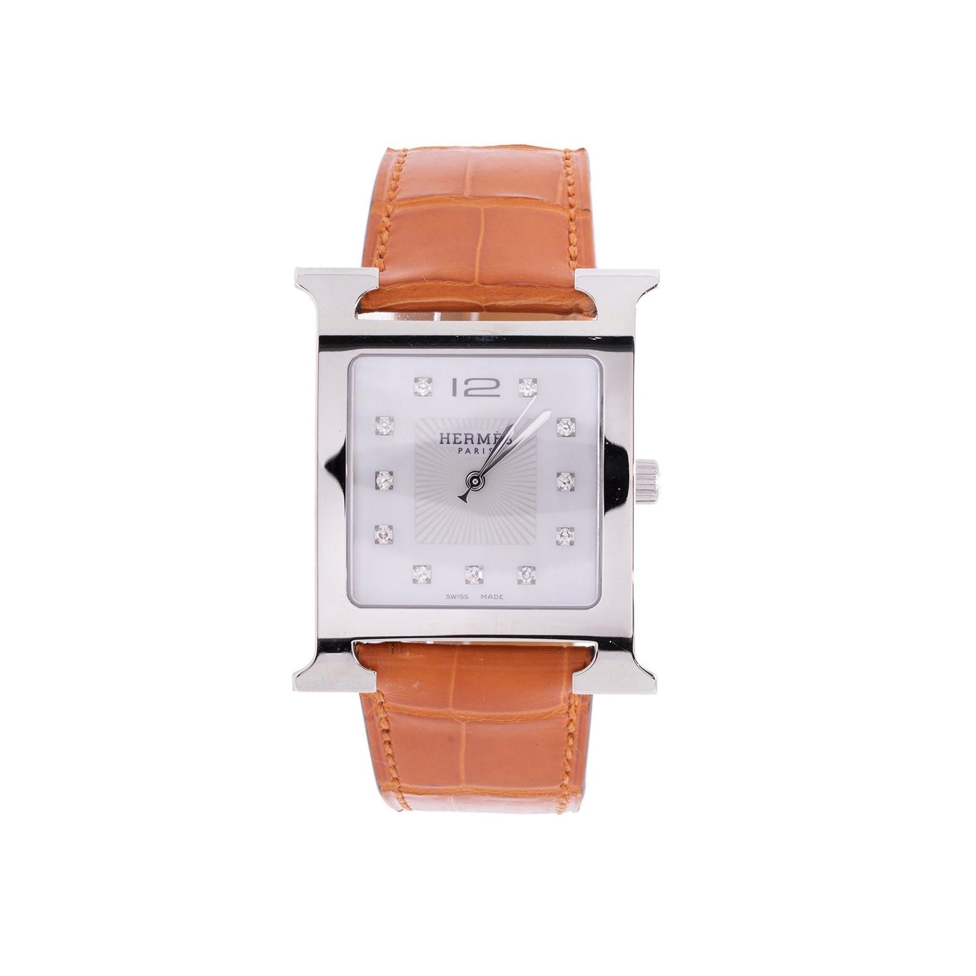 Hermes Heure H TGM Watch w/ Diamond Dial & Alligator Strap